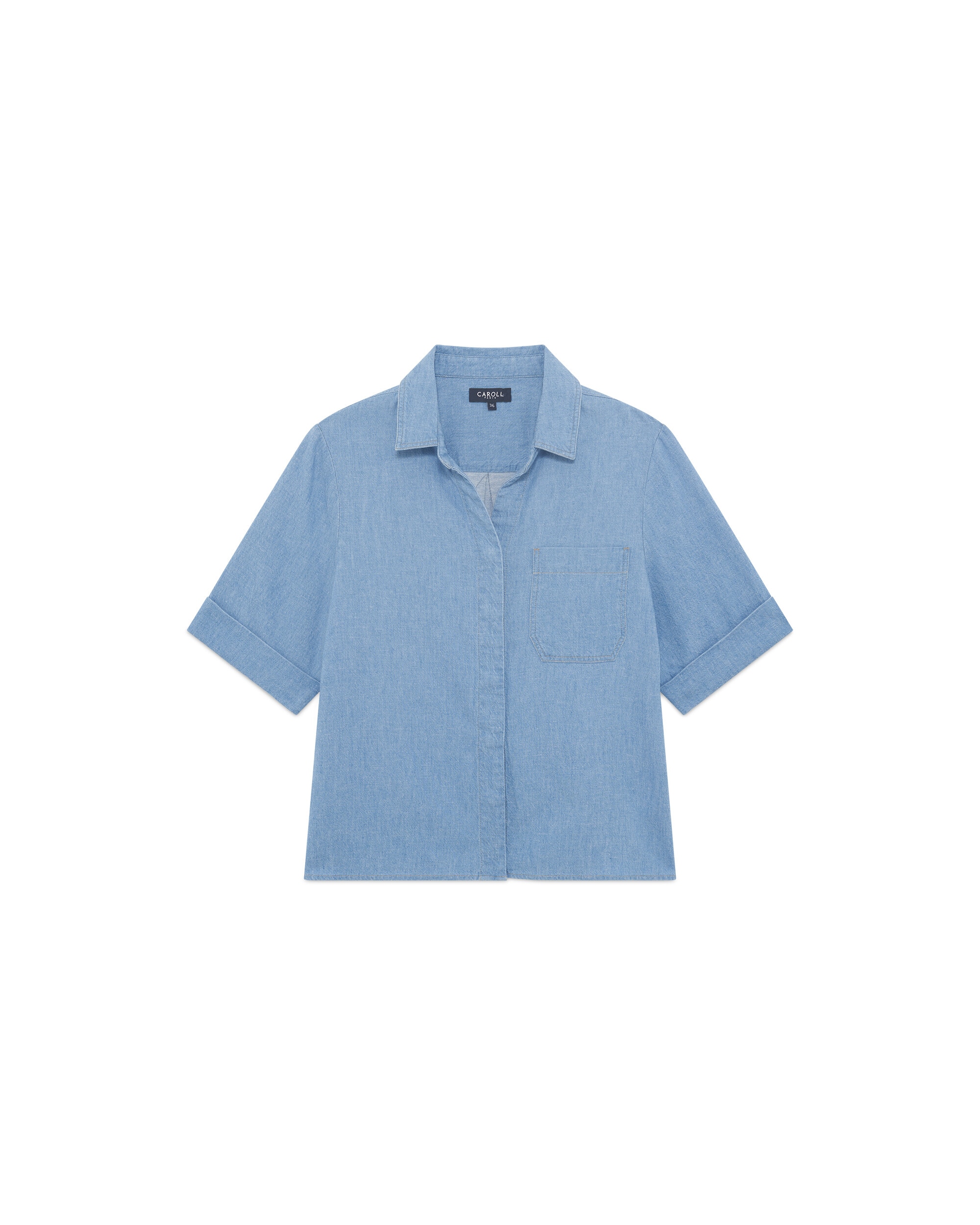 Camisa de mujer con manga corta y cuello mao - Caroll - Azul denim Azul denim-4