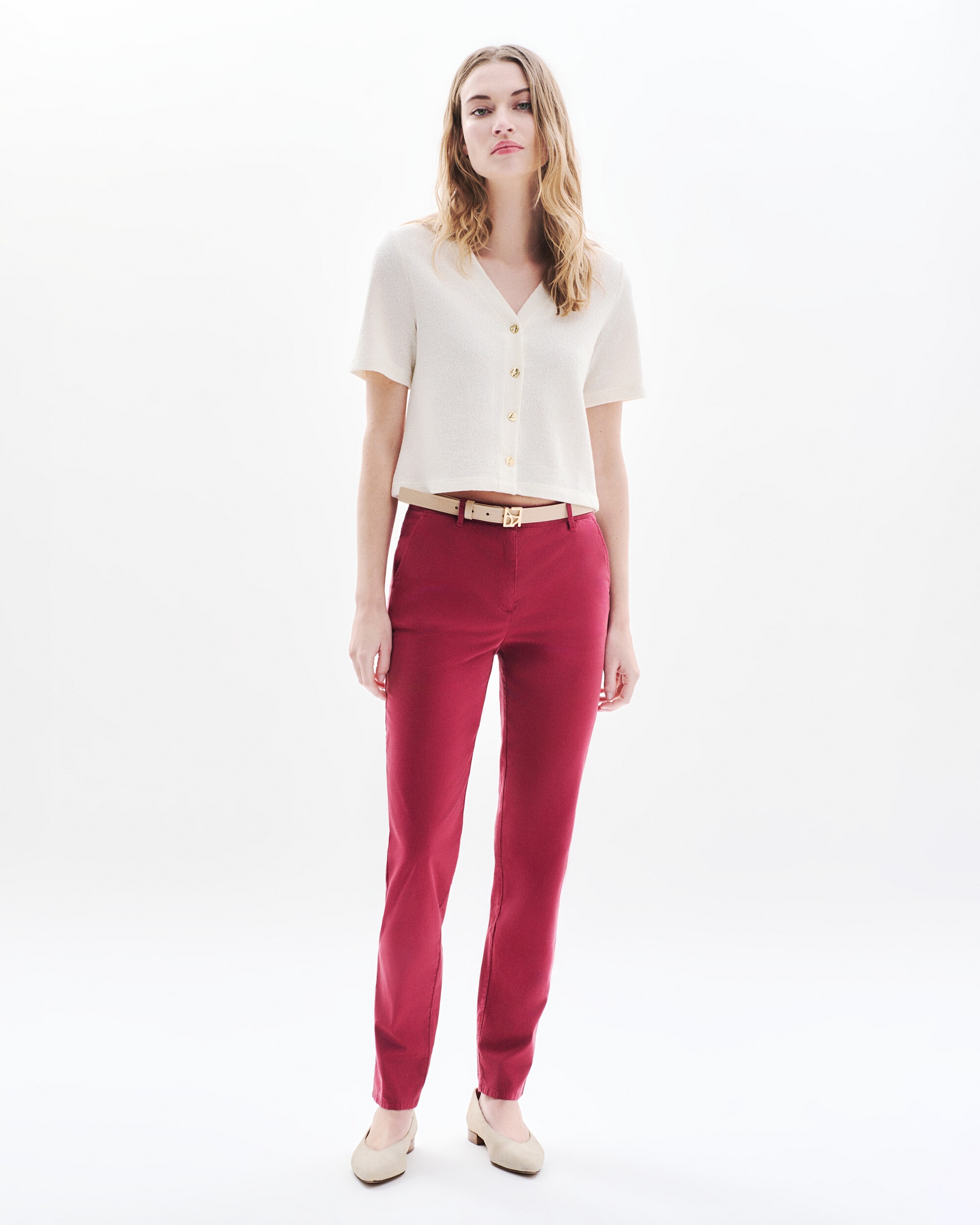 Pantalón de mujer de tiro alto en corte slim - Caroll - Rojo Rojo-1