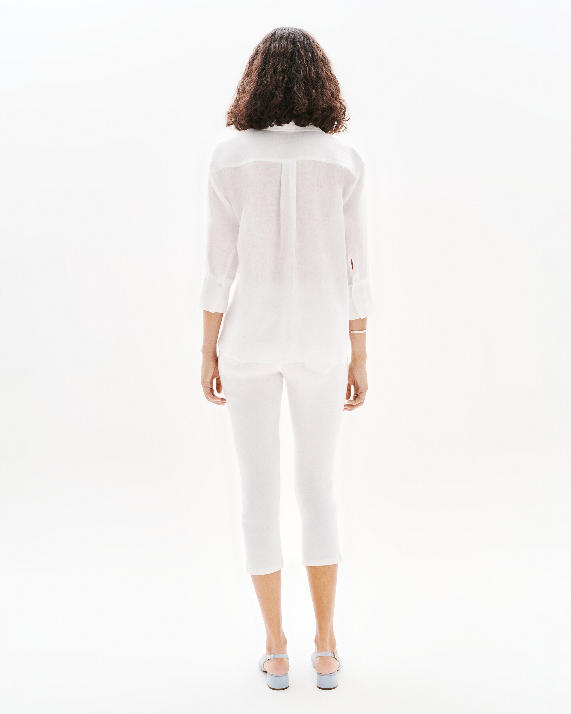 Camisa de mujer con manga francesa en lino 100% - Caroll - Beige Blanco-2