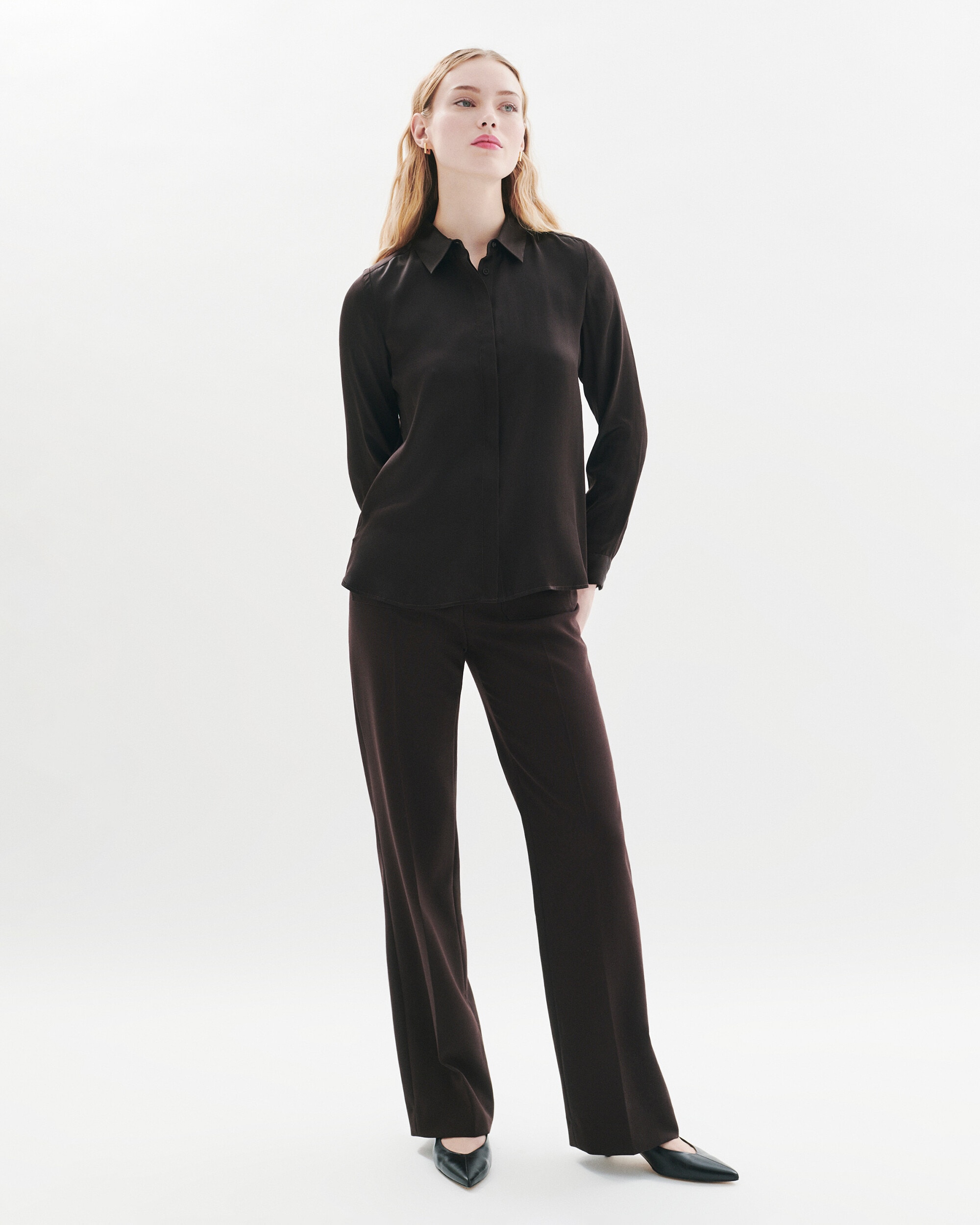 Camisa de mujer 100% seda con botones solapados - Caroll - Marrón chocolate Marrón chocolate-1