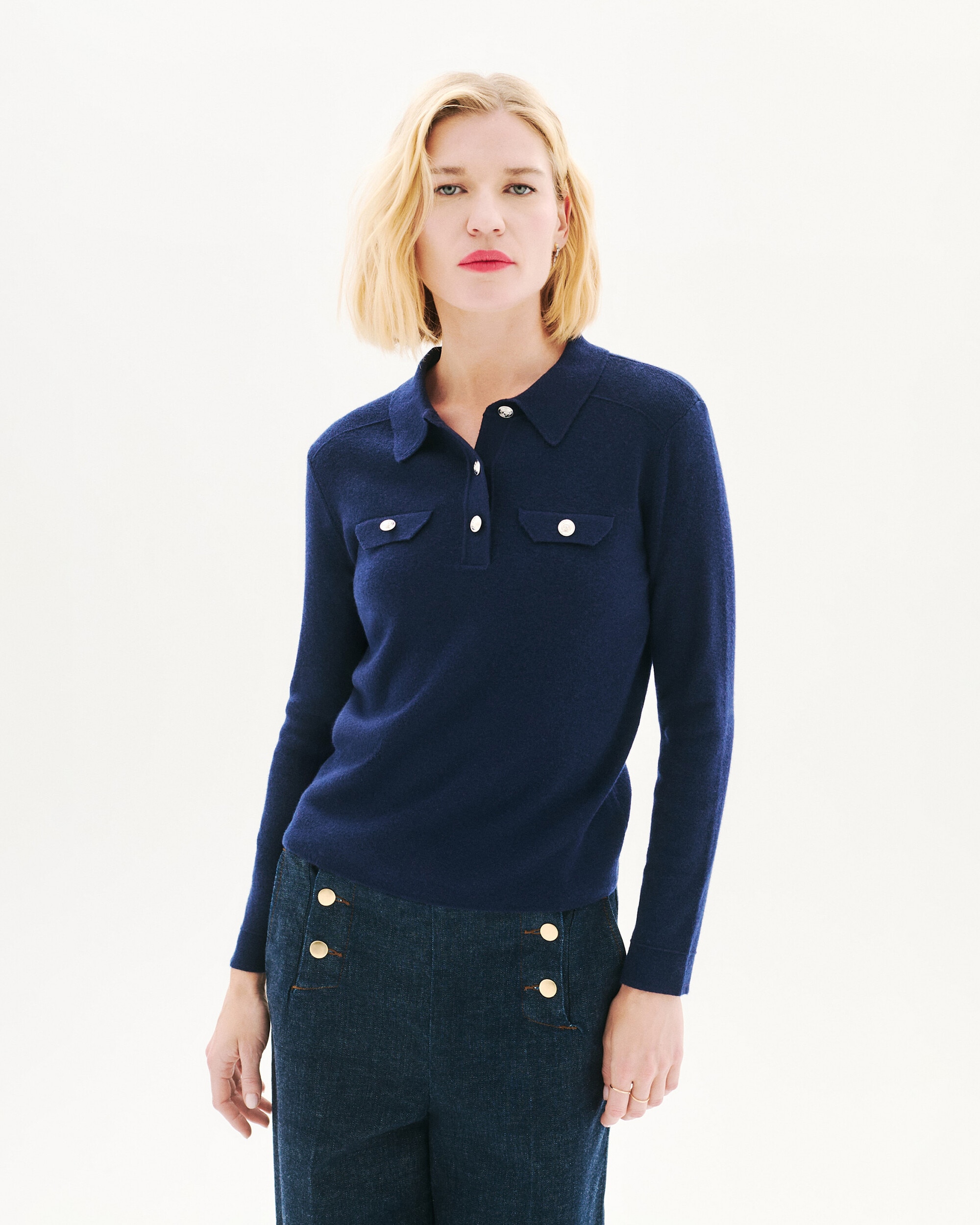 Jersey de mujer con cuello polo y botones a contraste - Caroll - Azul marino Azul marino-1