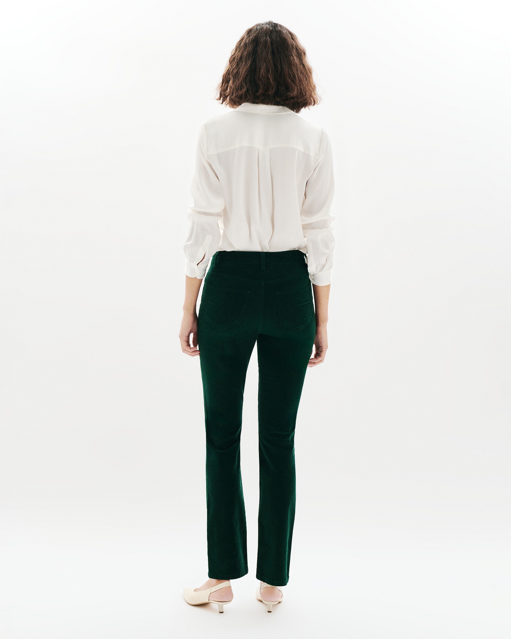 Pantalón recto de mujer de pana elástica y cierre con botón - Caroll - Verde oscuro Verde oscuro-2