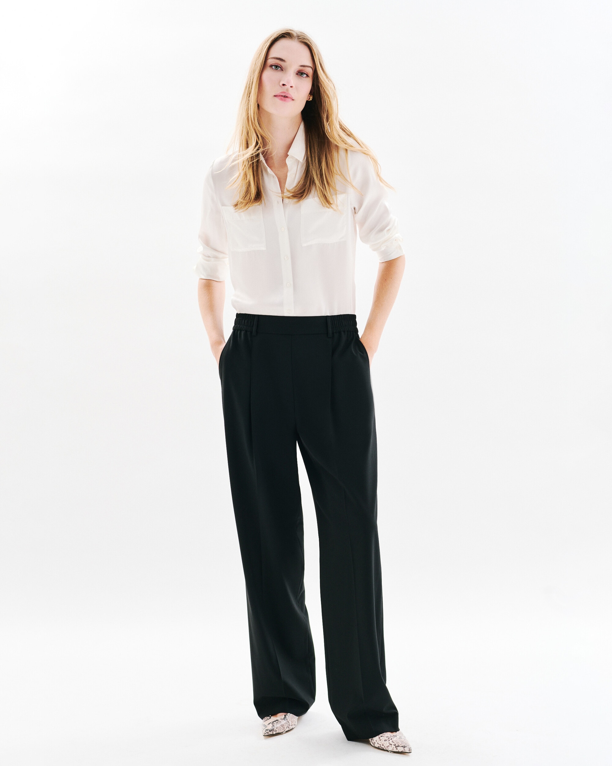 Caroll - Pantalón sartorial de mujer corte ancho y cintura elástica.