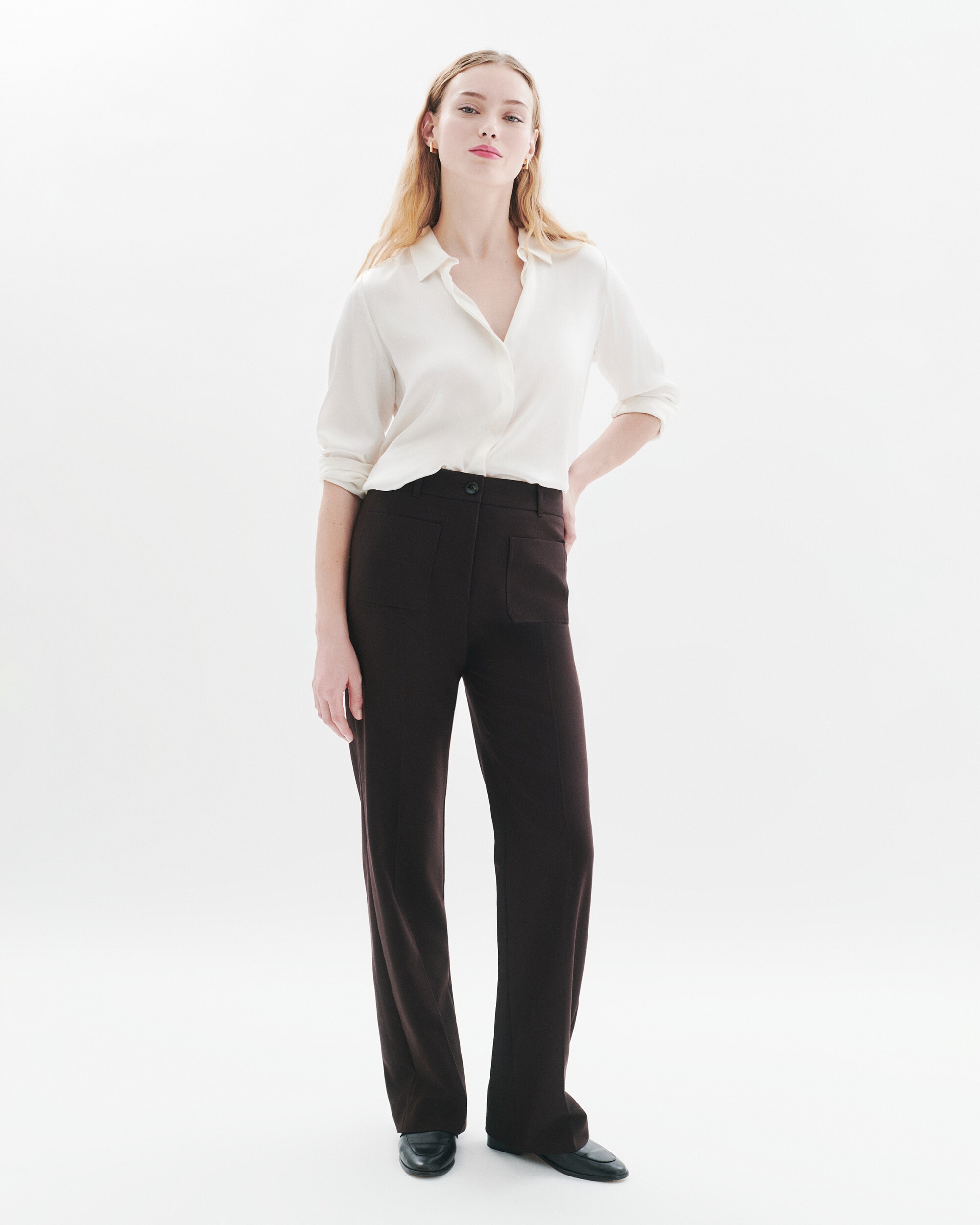 Imagen 0 de Pantalones rectos de mujer de tiro alto Marrón chocolate
