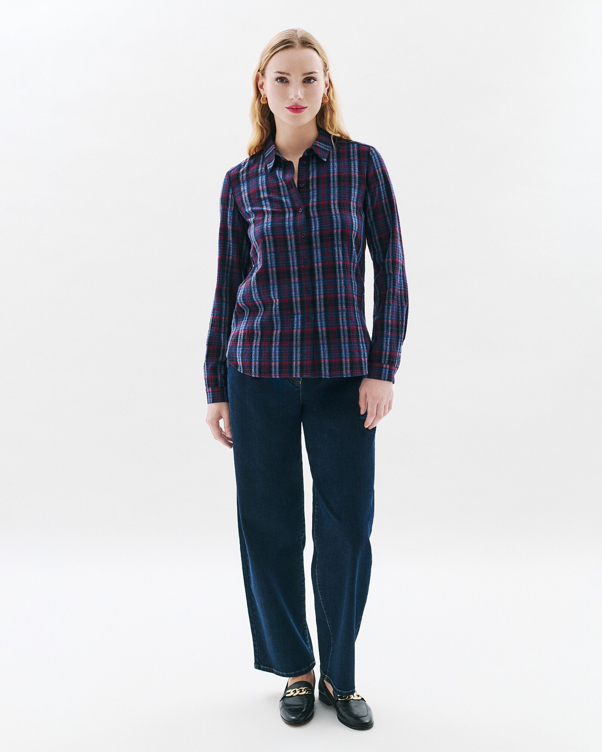 Caroll - Camisa de mujer estampado tartán efecto fruncido.