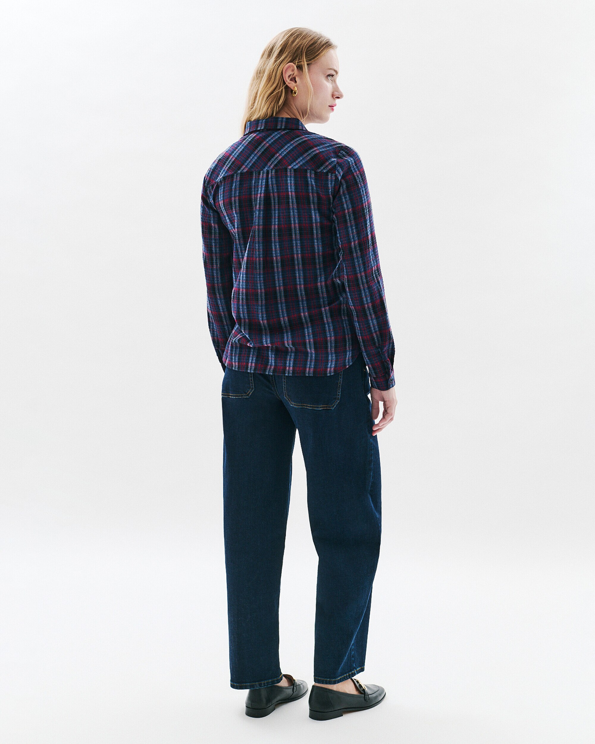 Camisa de mujer estampado tartán efecto fruncido - Caroll - Azul marino / Rosa Azul marino / Rosa-2