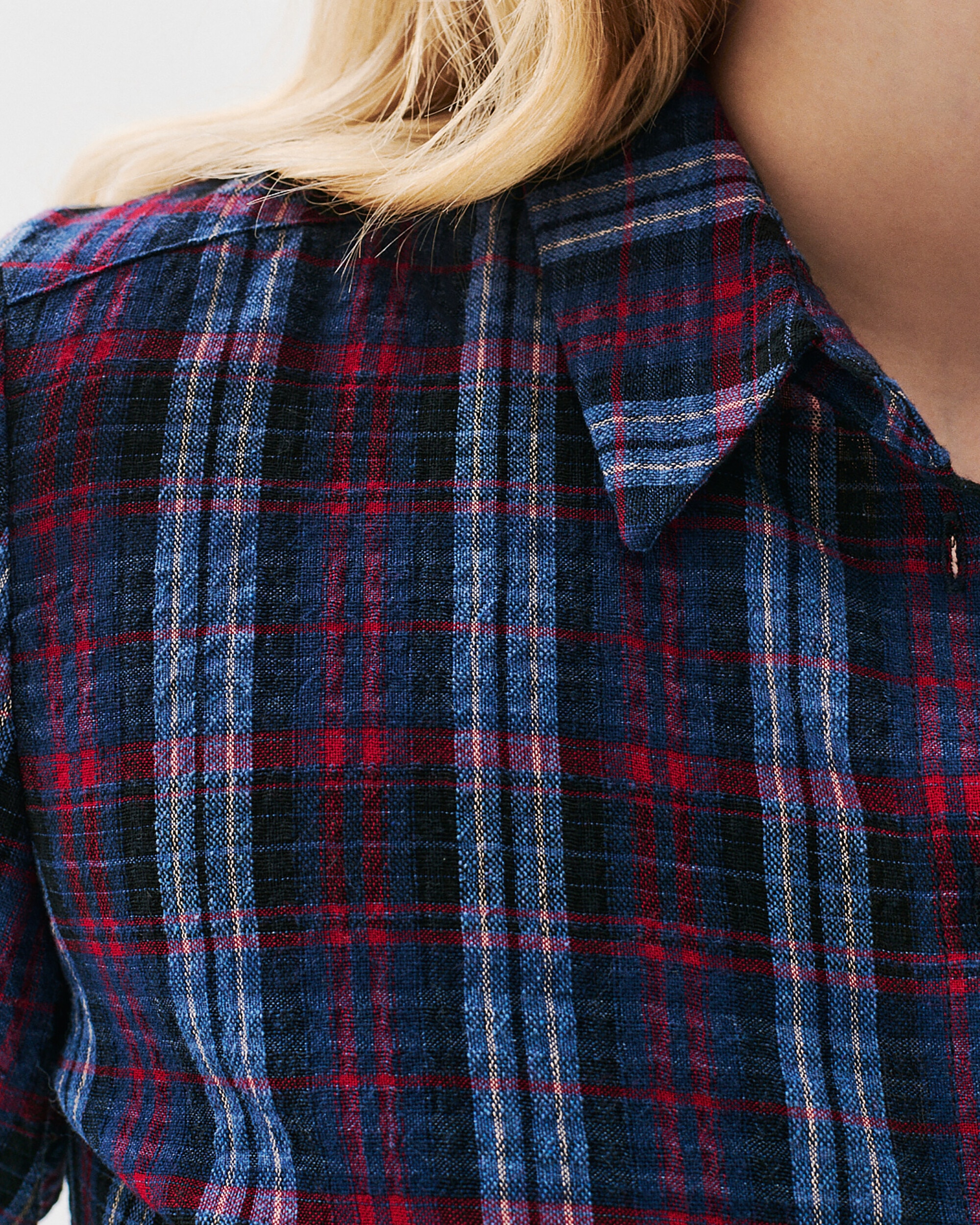 Camisa de mujer estampado tartán efecto fruncido - Caroll - Azul marino / Rosa Azul marino / Rosa-3