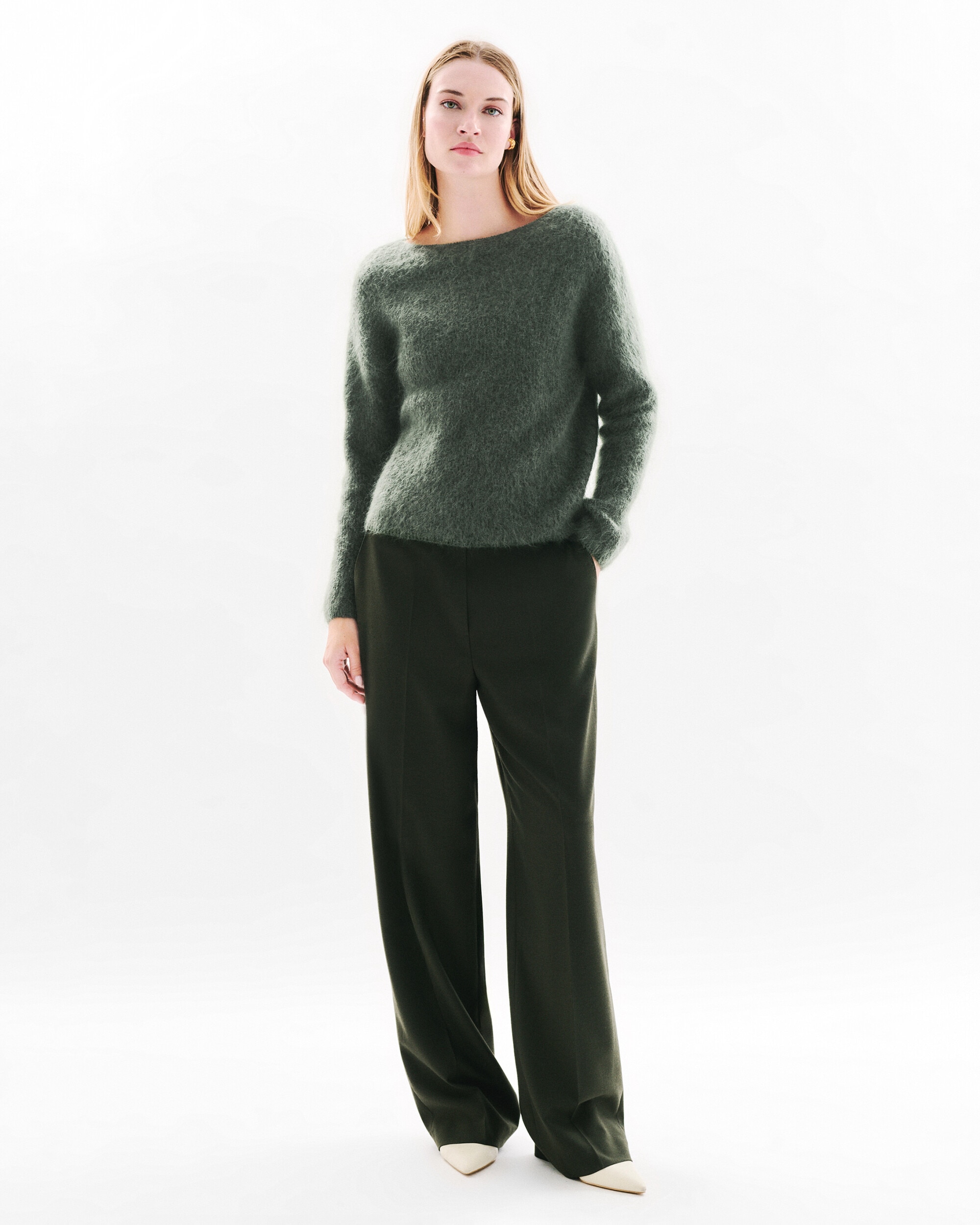 Jersey de mujer con cuello redondo en mohair - Caroll - Verde militar Verde militar-1