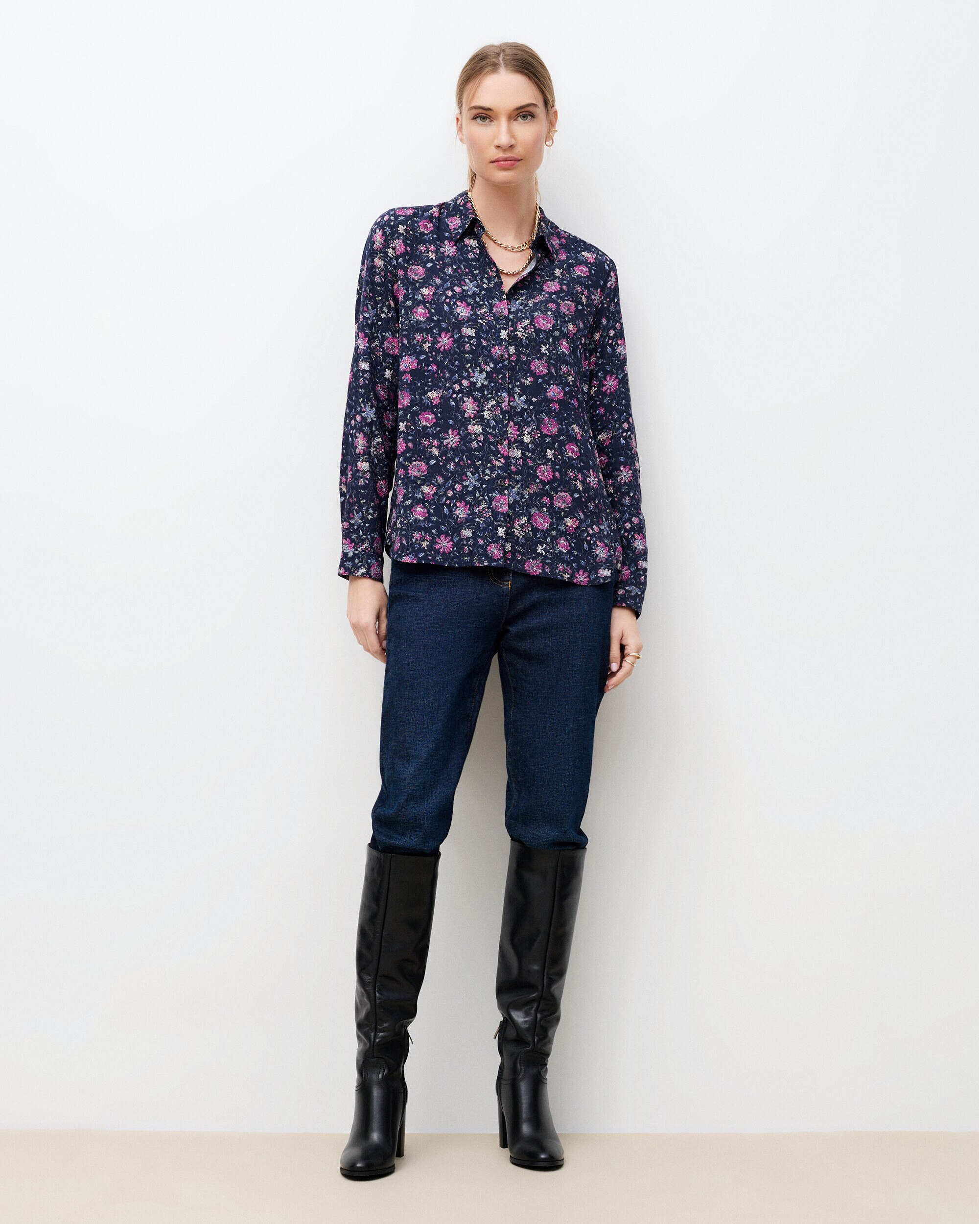 Camisa de mujer con manga larga y estampado floral - Caroll - Azul Azul-1
