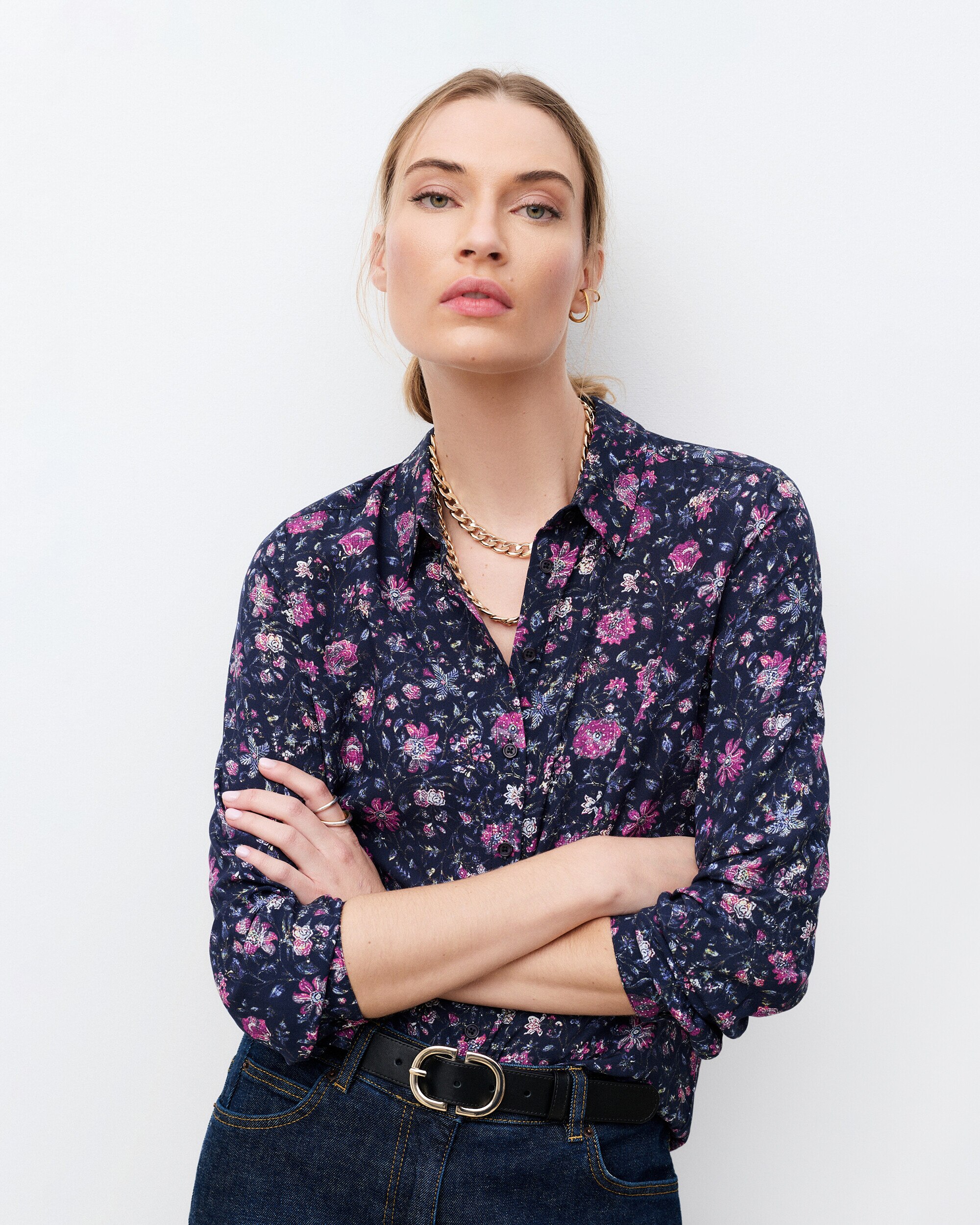 Camisa de mujer con manga larga y estampado floral - Caroll - Azul Azul-3