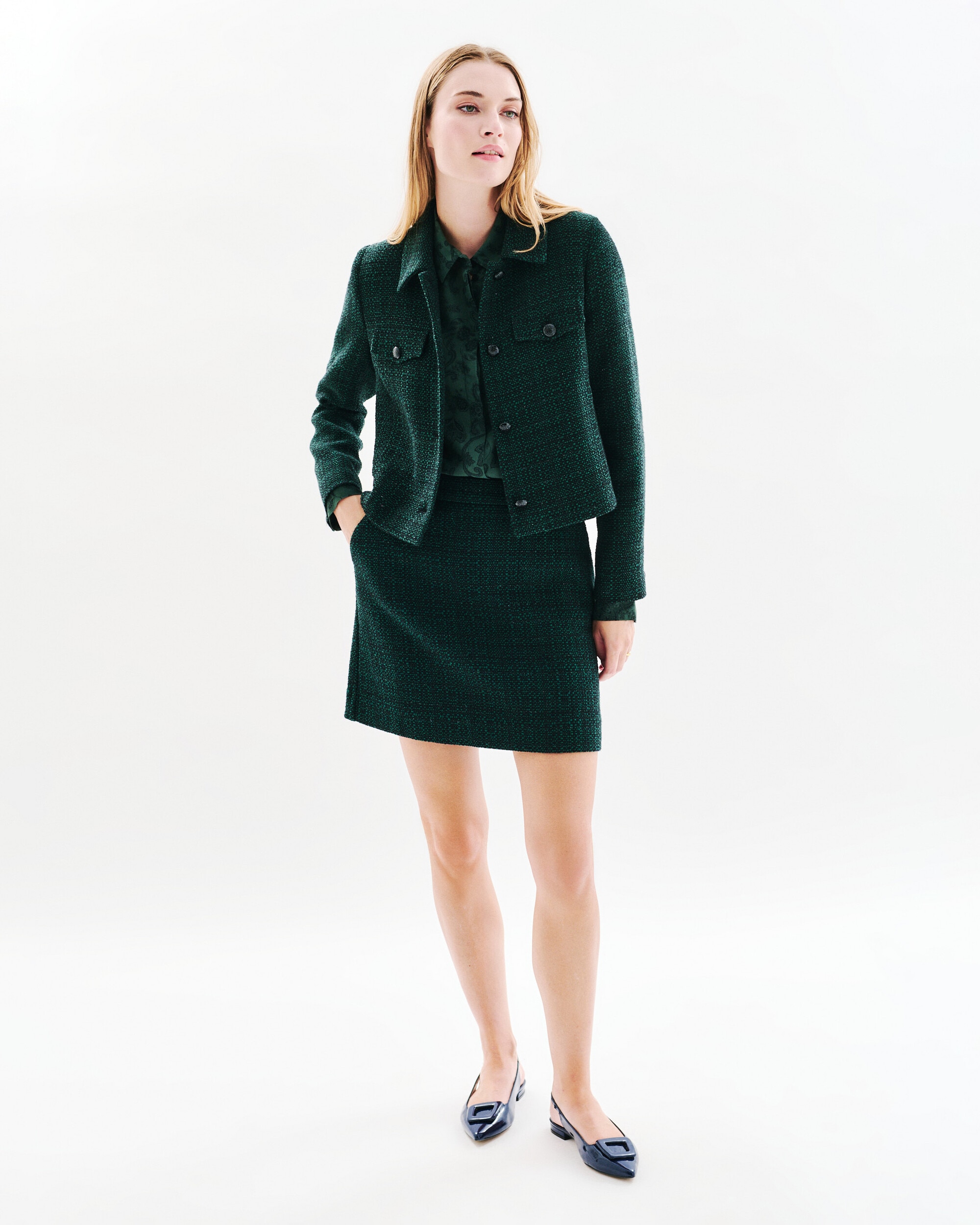 Chaqueta de mujer en tweed con cierre de botones - Caroll - Verde Verde-1