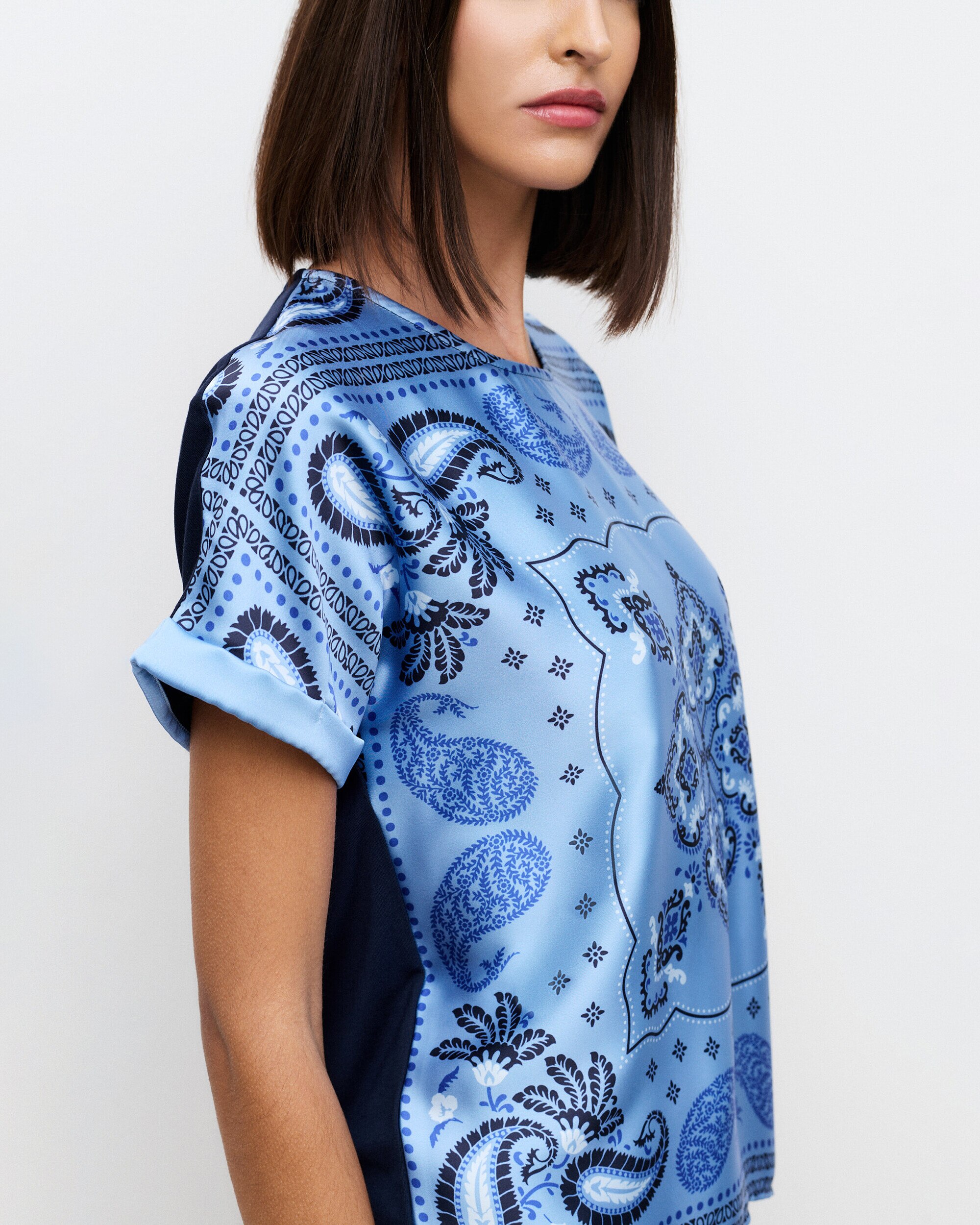 Camiseta de mujer con estampado y manga remangada - Caroll - Azul Azul-3