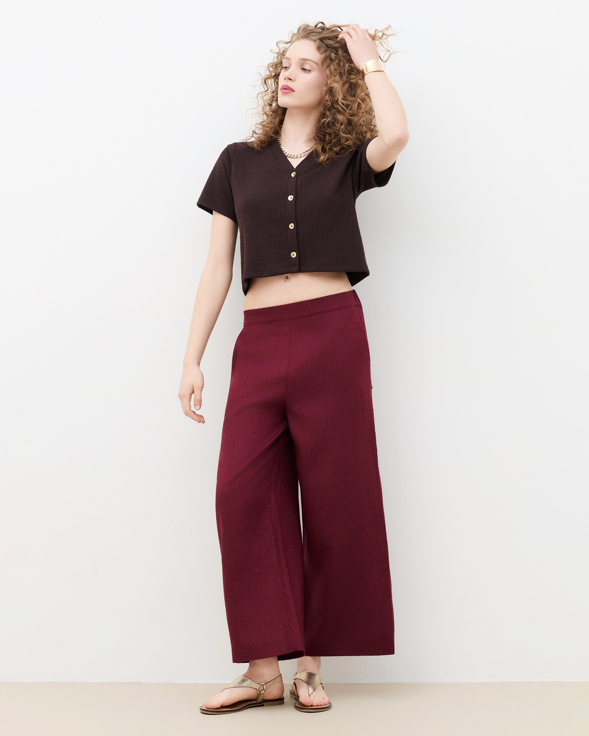 Pantalón ancho de mujer en lino 100% - Caroll - Burdeos Burdeos-1