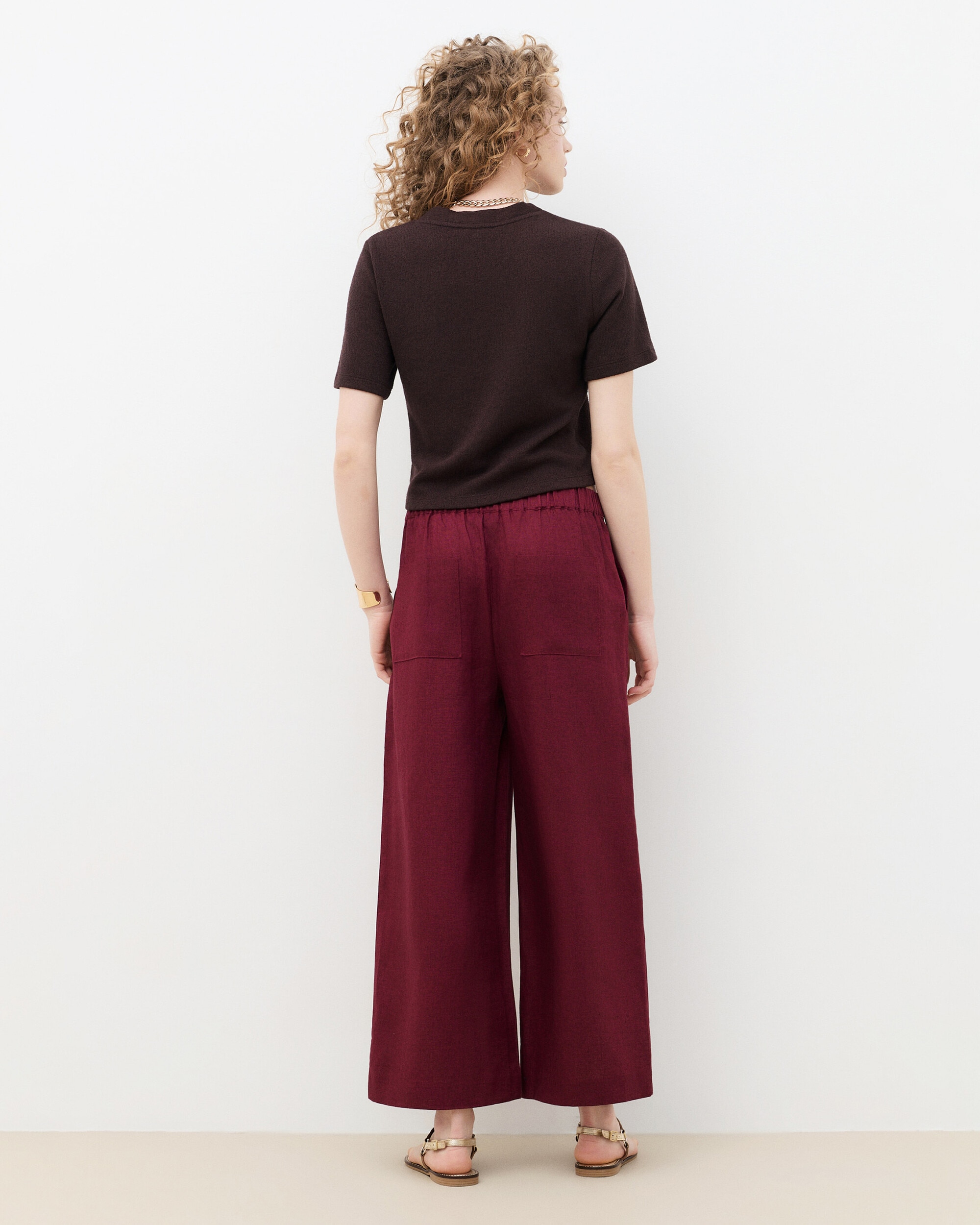 Pantalón ancho de mujer en lino 100% - Caroll - Burdeos Burdeos-2