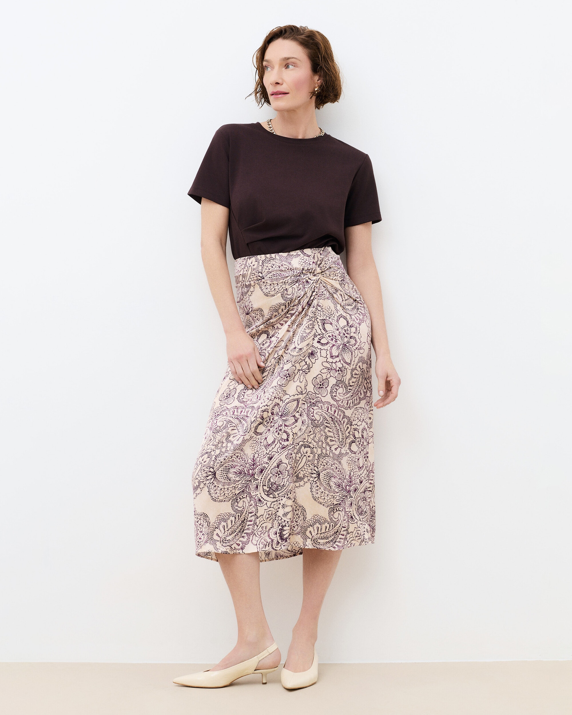 Caroll - Falda larga de mujer con estampado floral de talle alto.