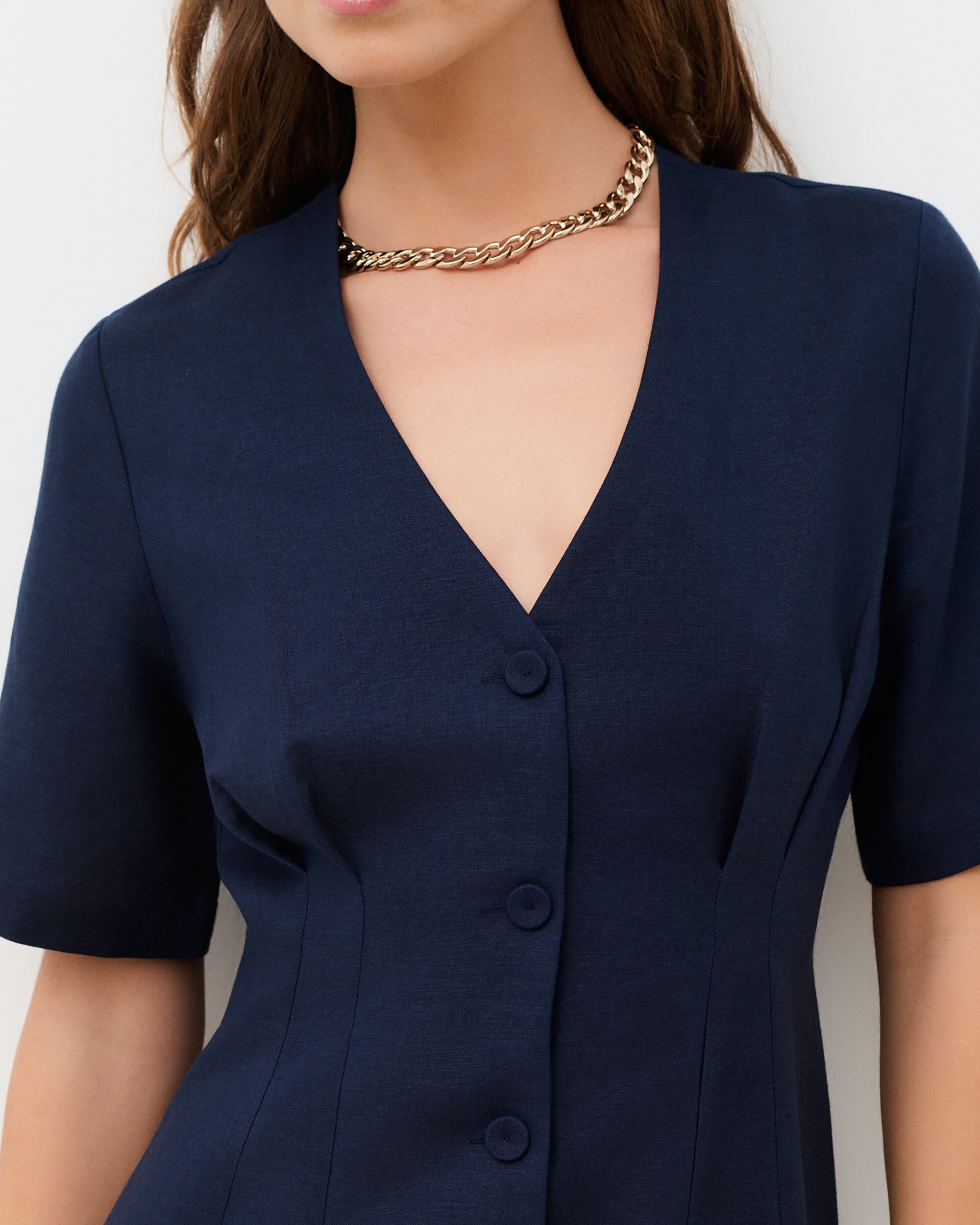 Vestido largo camisero en lino - Caroll - Azul marino Azul marino-3