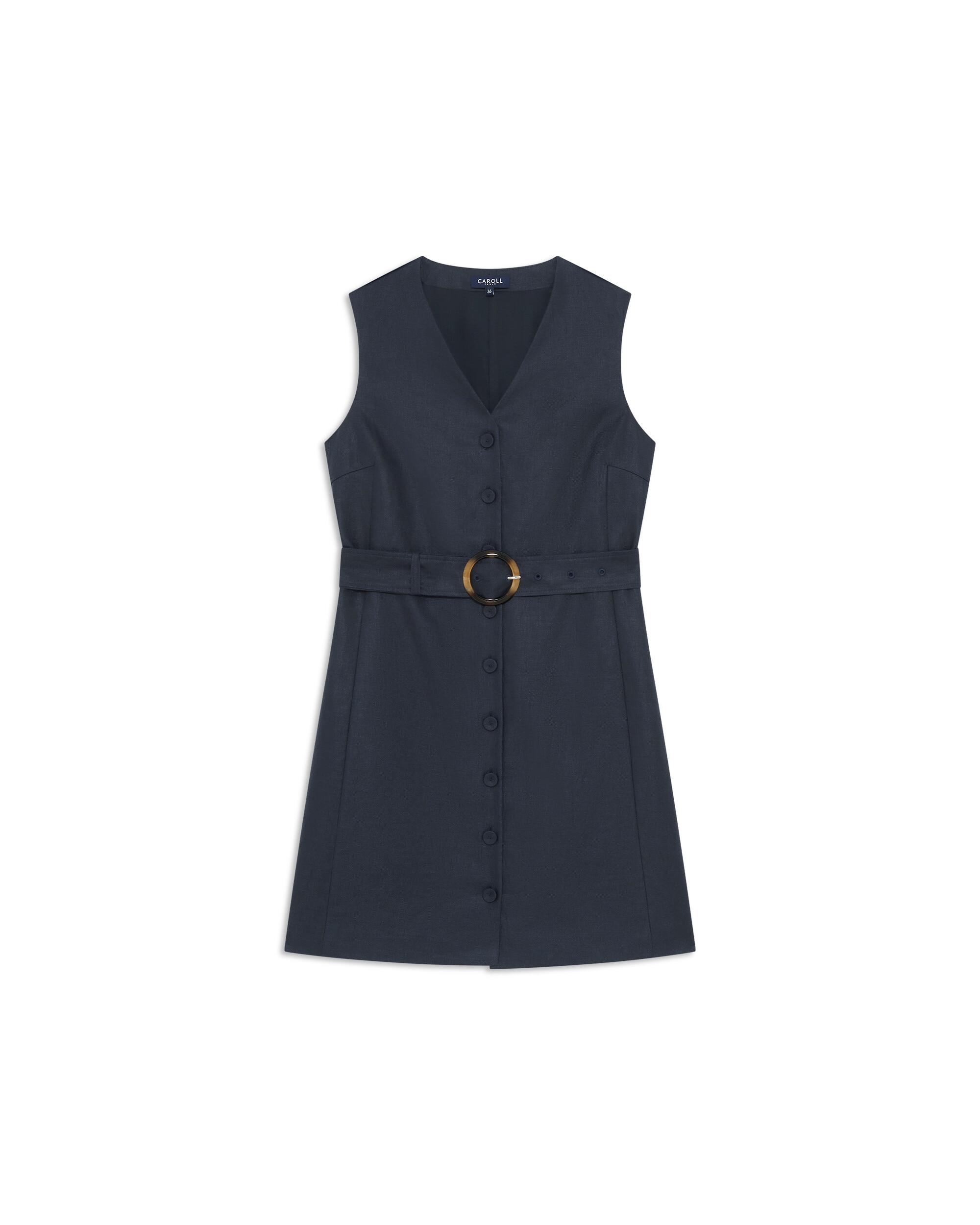 Vestido corto con cinturón en lino 100% - Caroll - Azul marino Azul marino-4