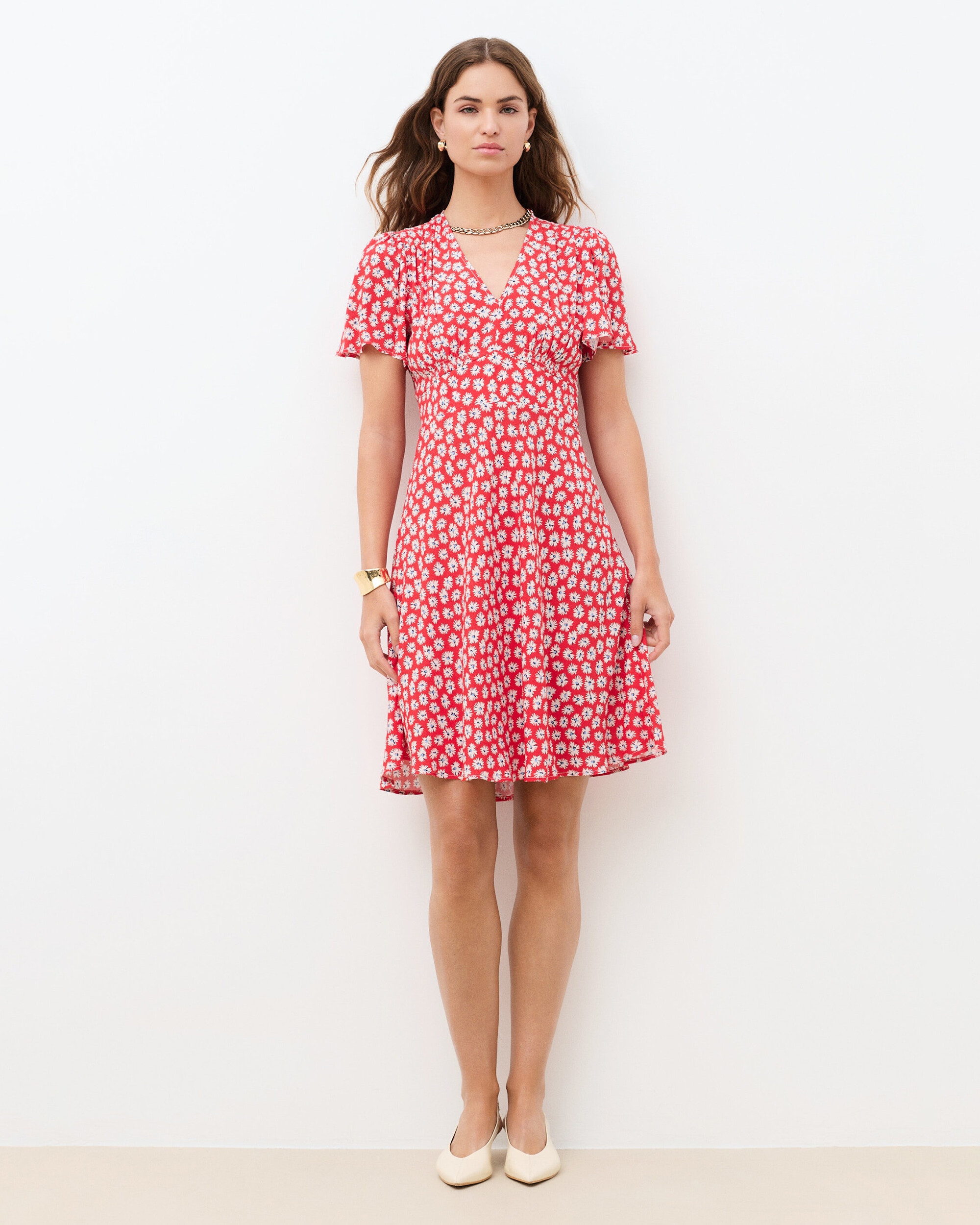 Vestido corto con manga corta y estampado floral - Caroll - Rojo Rojo-1