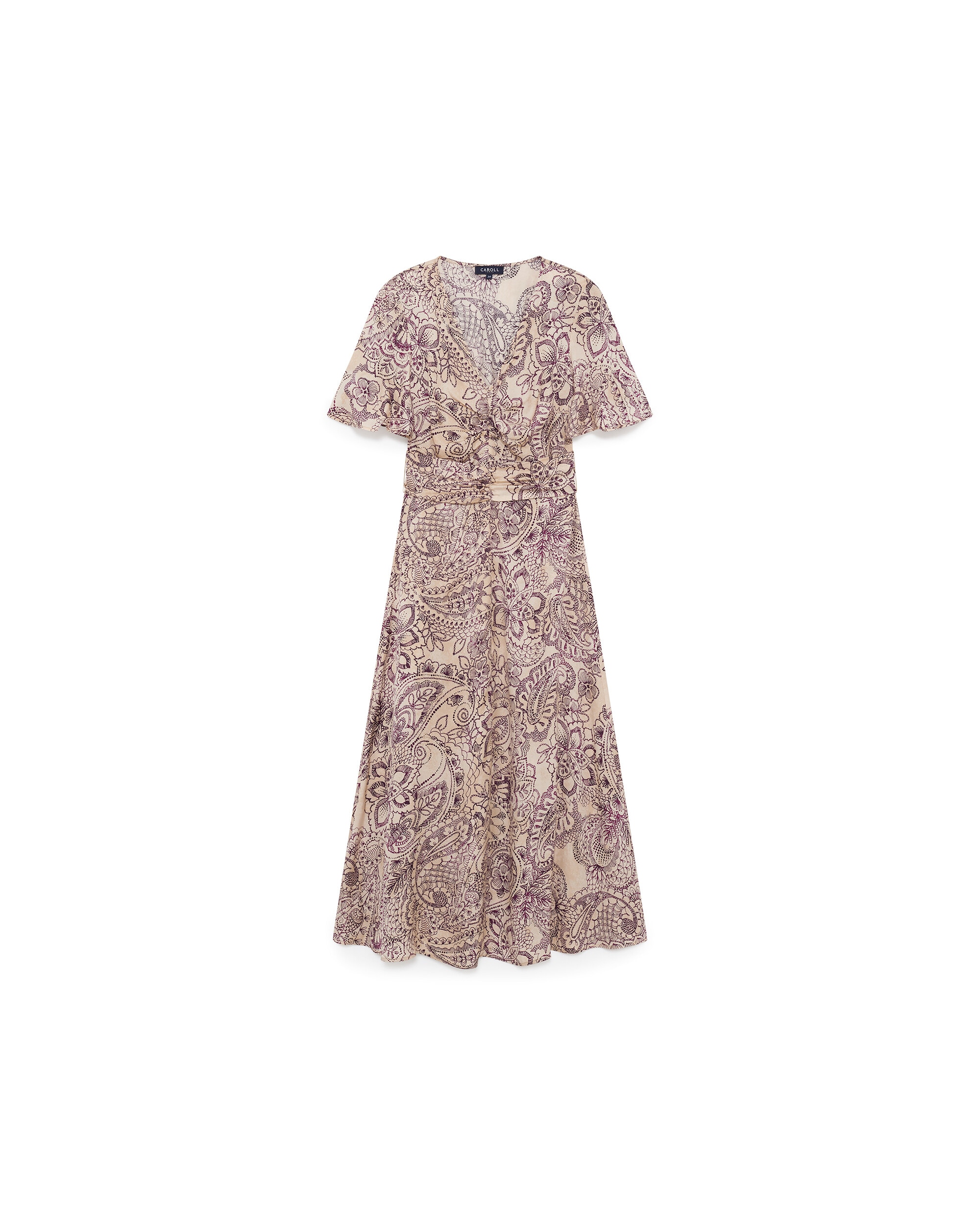 Vestido midi con manga corta y cinturón fruncido - Caroll - Natural Natural-4