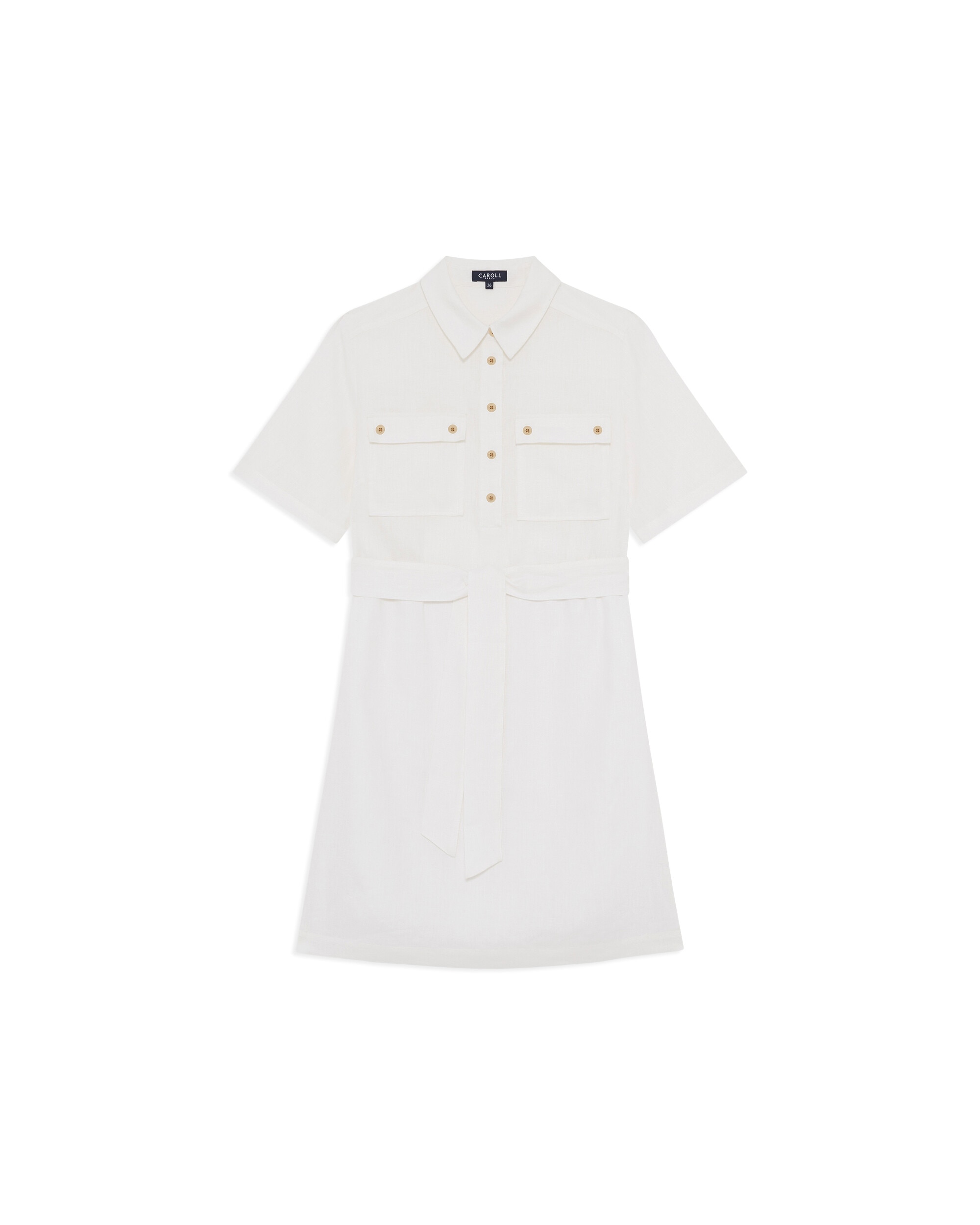 Vestido corto con bolsillos en lino 100% - Caroll - Blanco Blanco-4