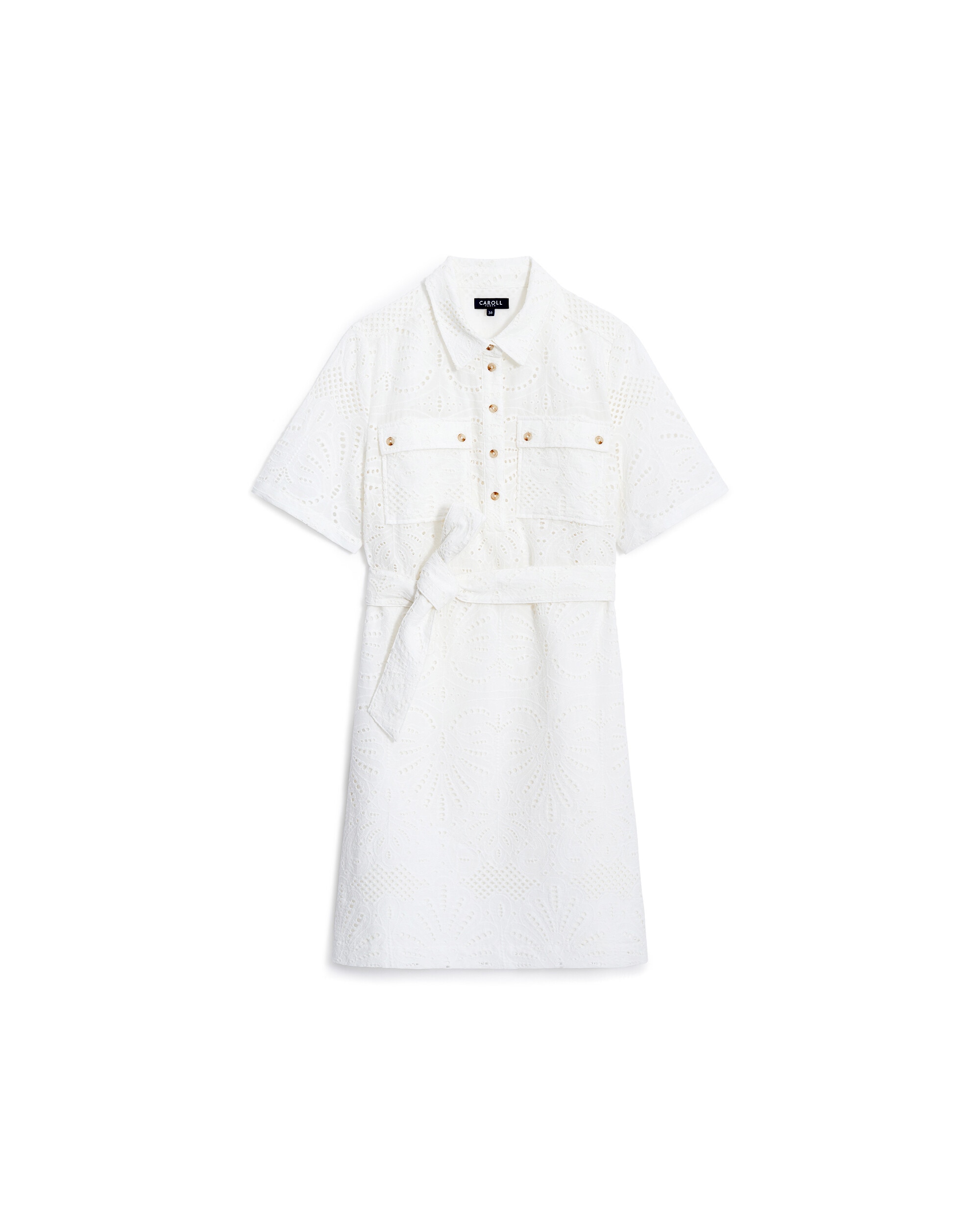Vestido corto con efecto calado y cintura fruncida - Caroll - Blanco Blanco-4