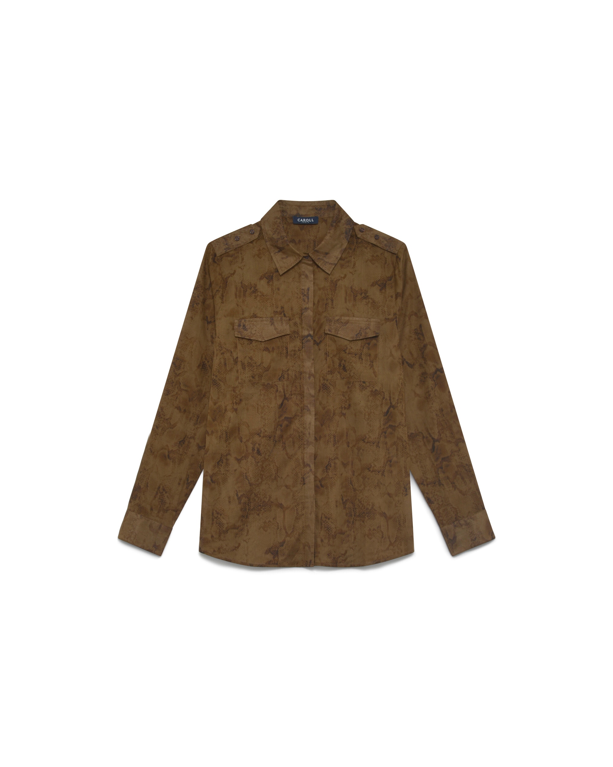 Camisa de mujer de mujer con bolsillos italiano y estampado animalier - Caroll - Marrón oscuro Marrón oscuro-4