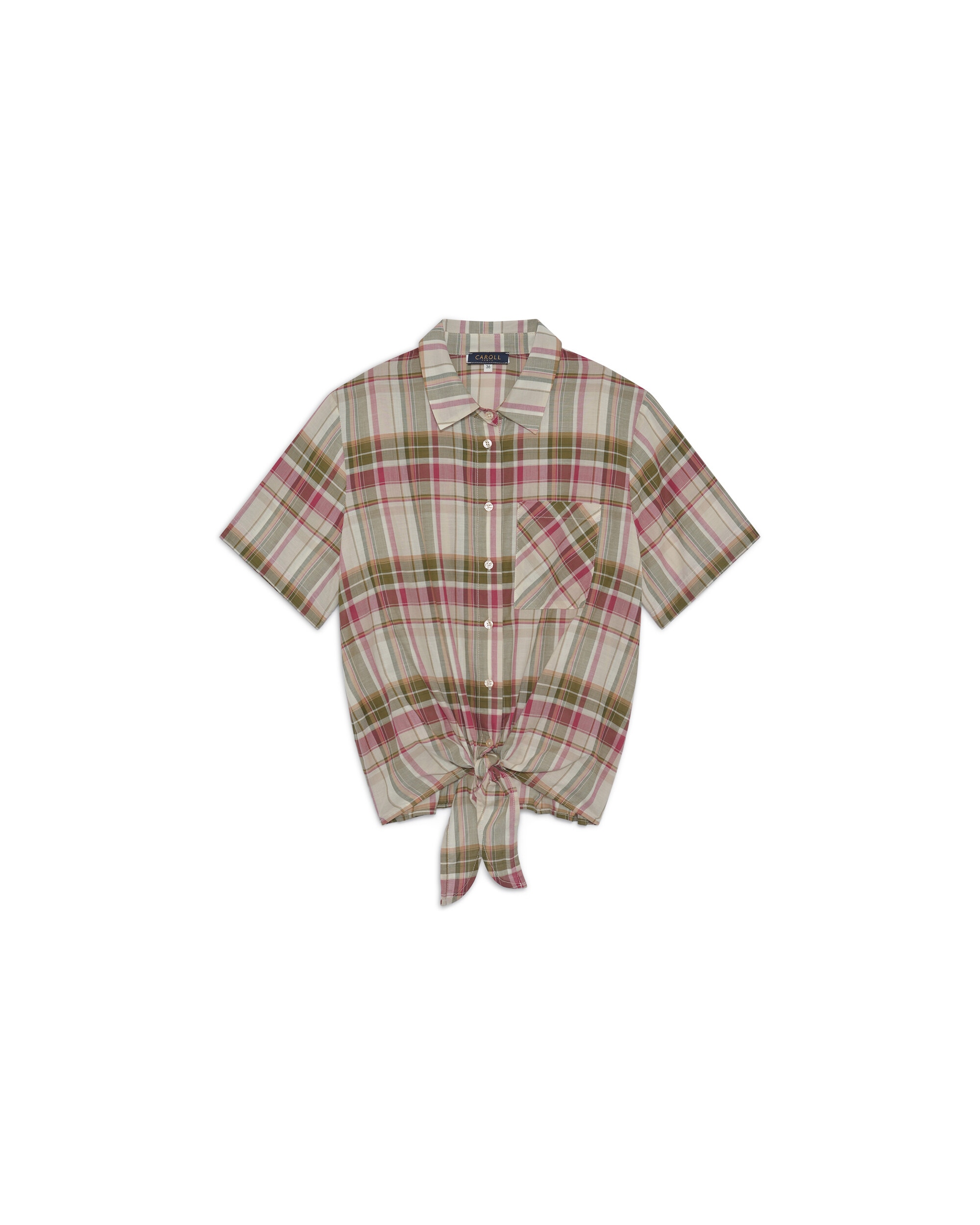 Camisa de mujer con estampado tartan y manga corta - Caroll - Verde militar Verde militar-4