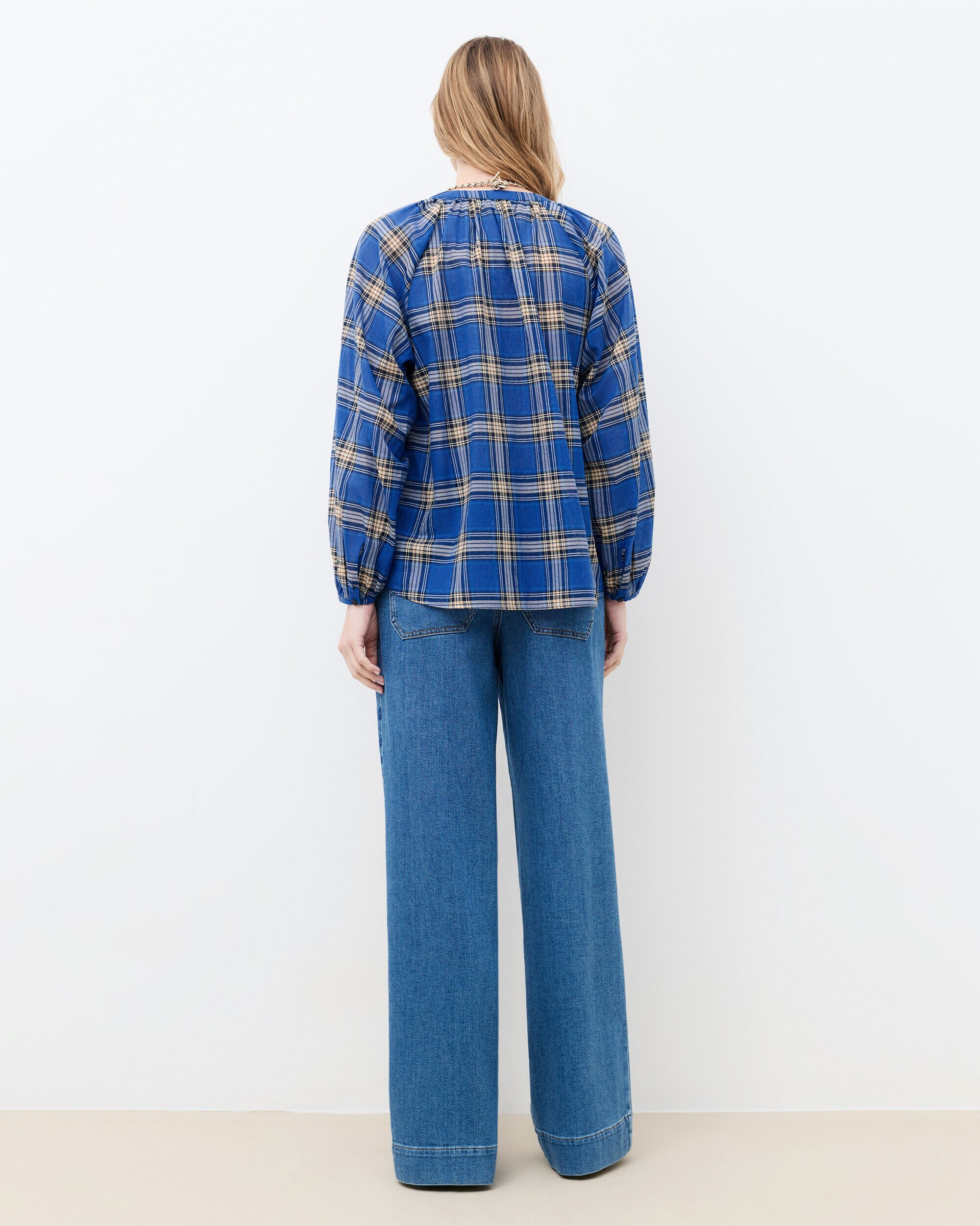 Camisa de mujer de mujer con estampado tartán y cuello mao - Caroll - Azul eléctrico Azul eléctrico-2