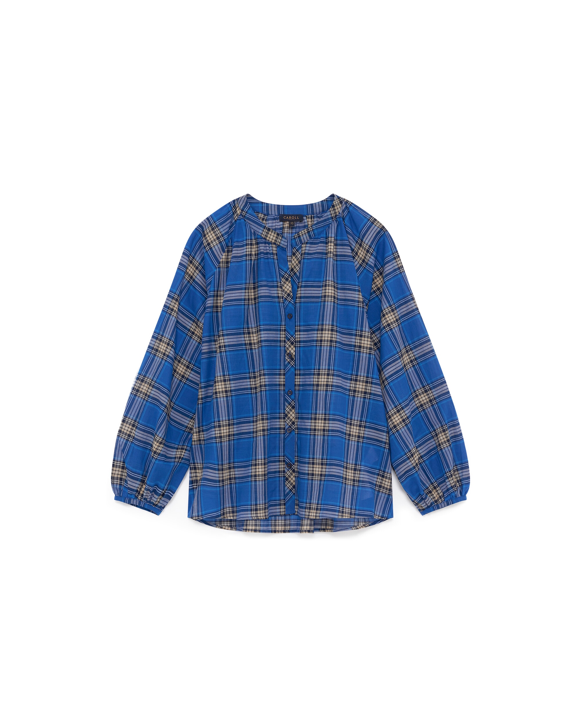 Camisa de mujer de mujer con estampado tartán y cuello mao - Caroll - Azul eléctrico Azul eléctrico-4