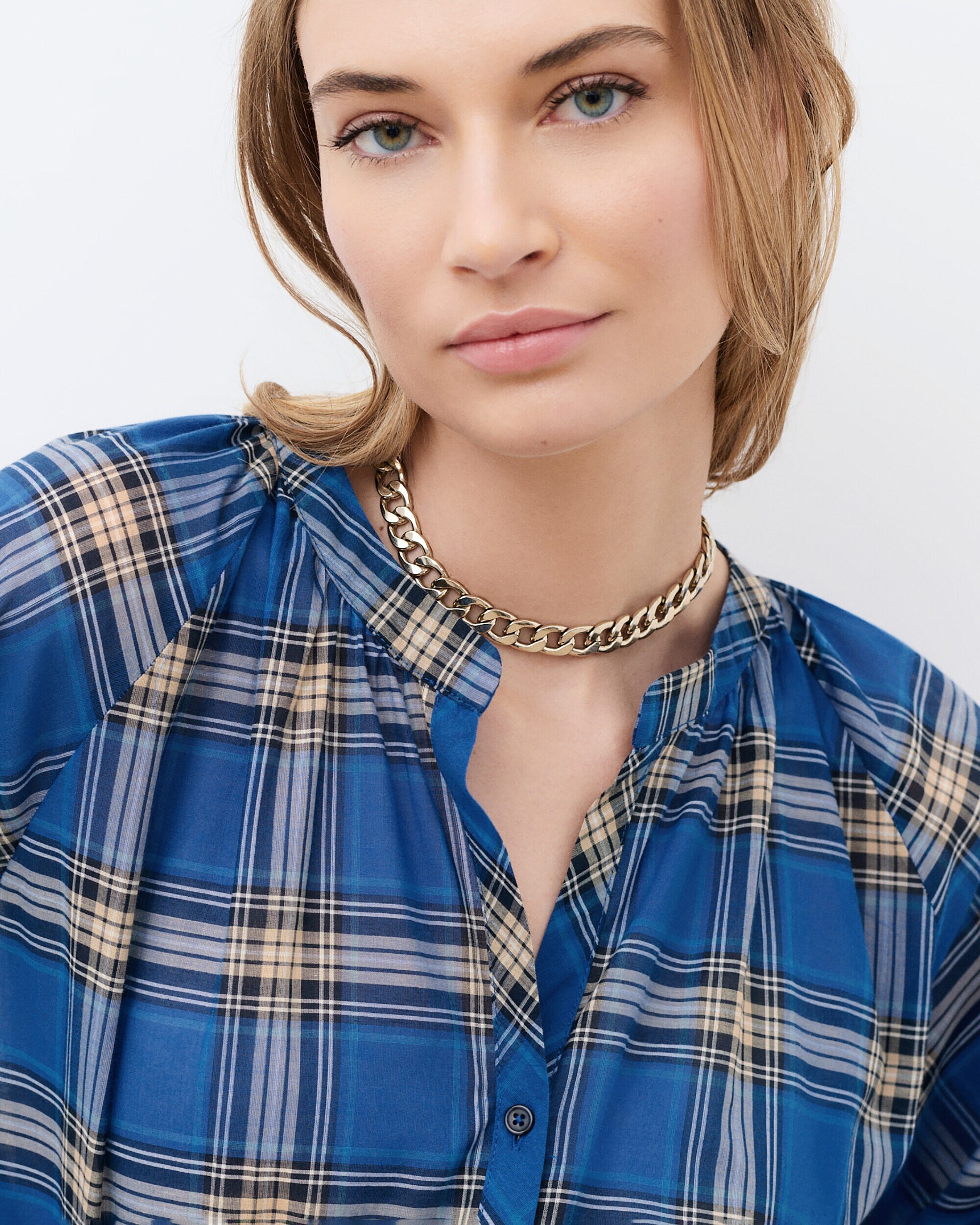 Camisa de mujer de mujer con estampado tartán y cuello mao - Caroll - Azul eléctrico Azul eléctrico-3