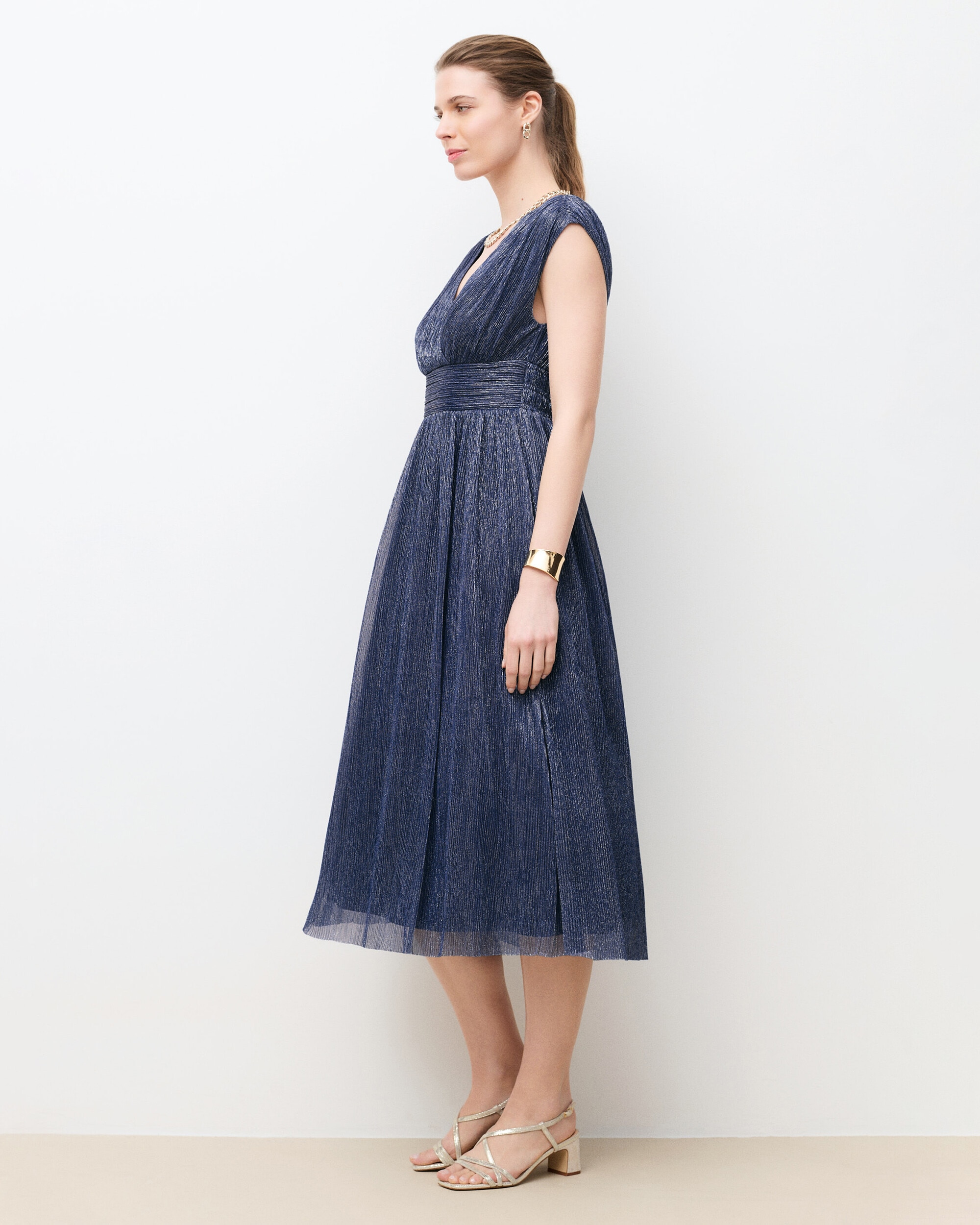 Vestido midi sin mangas con cintura fruncida - Caroll - Azul marino Azul marino-1