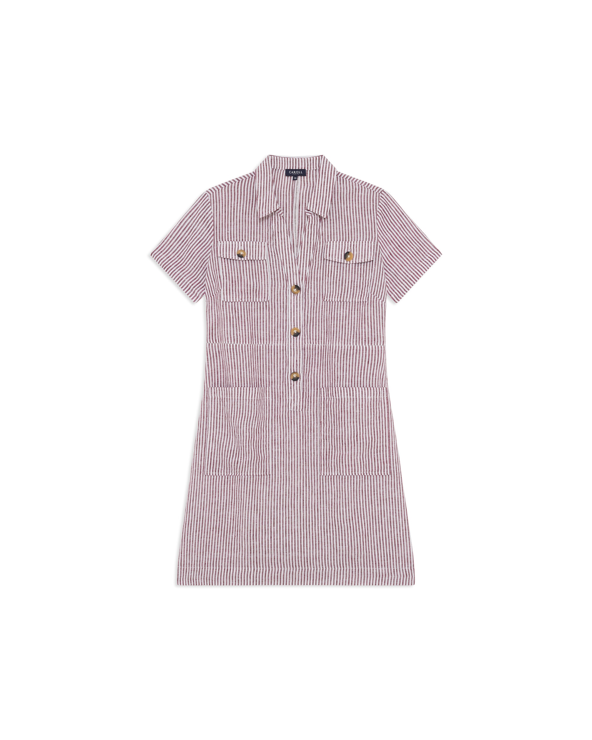Vestido corto de mujer con estampado de rayas en lino 100% - Caroll - Burdeos Burdeos-4