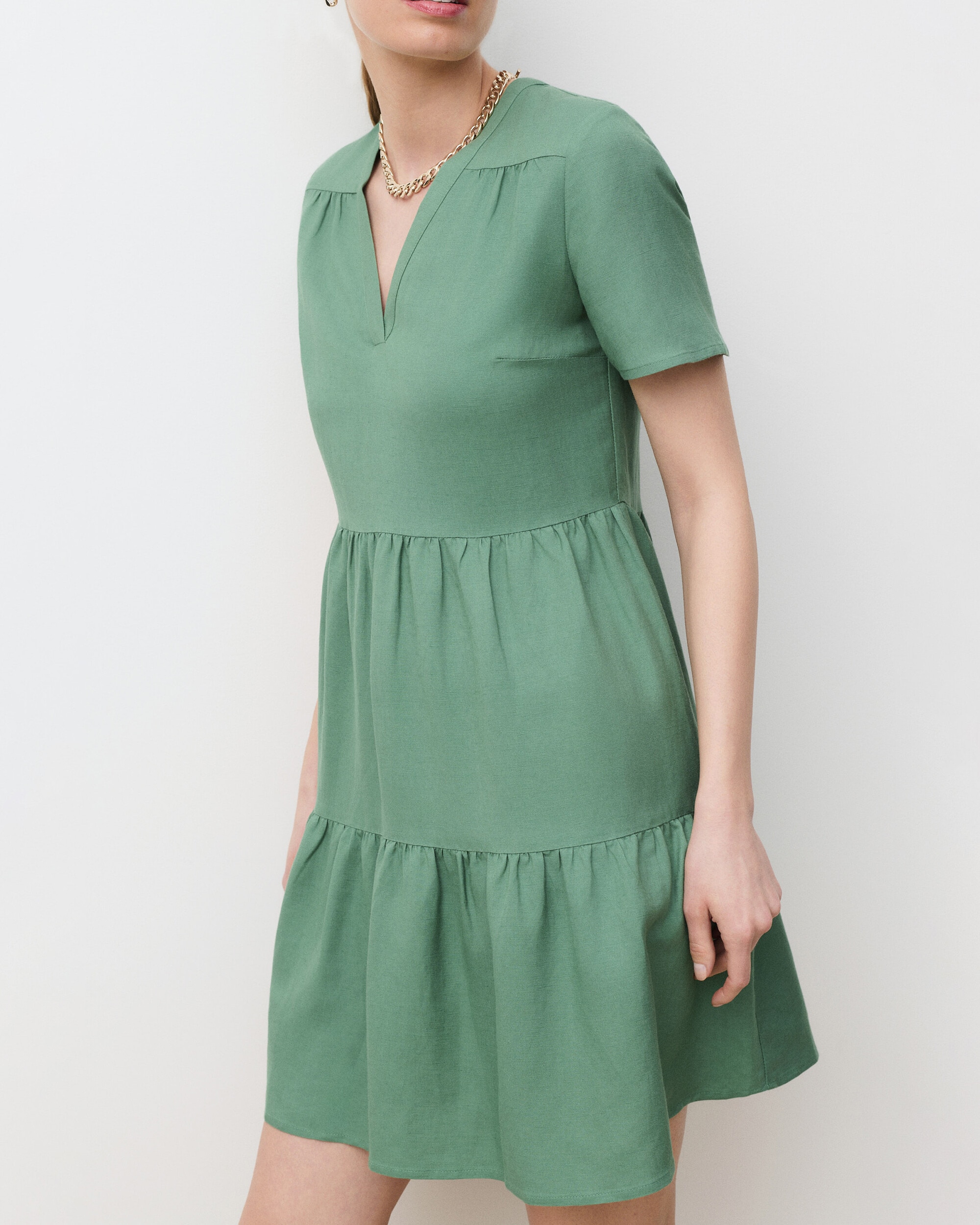 Vestido corto con escote pico en lino - Caroll - Verde menta Verde menta-3