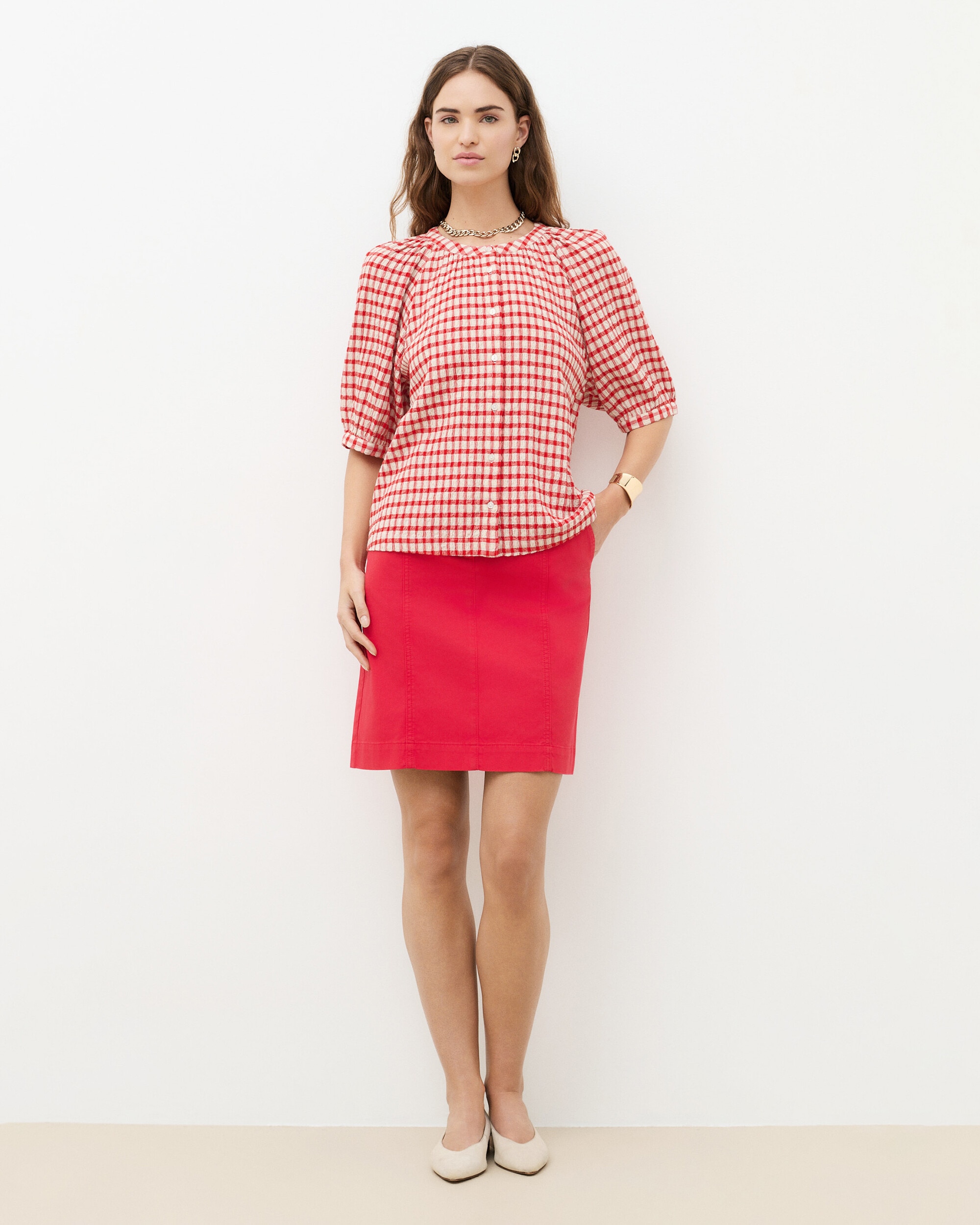 Caroll - Camisa de mujer con estampado de cuadros y manga francesa.