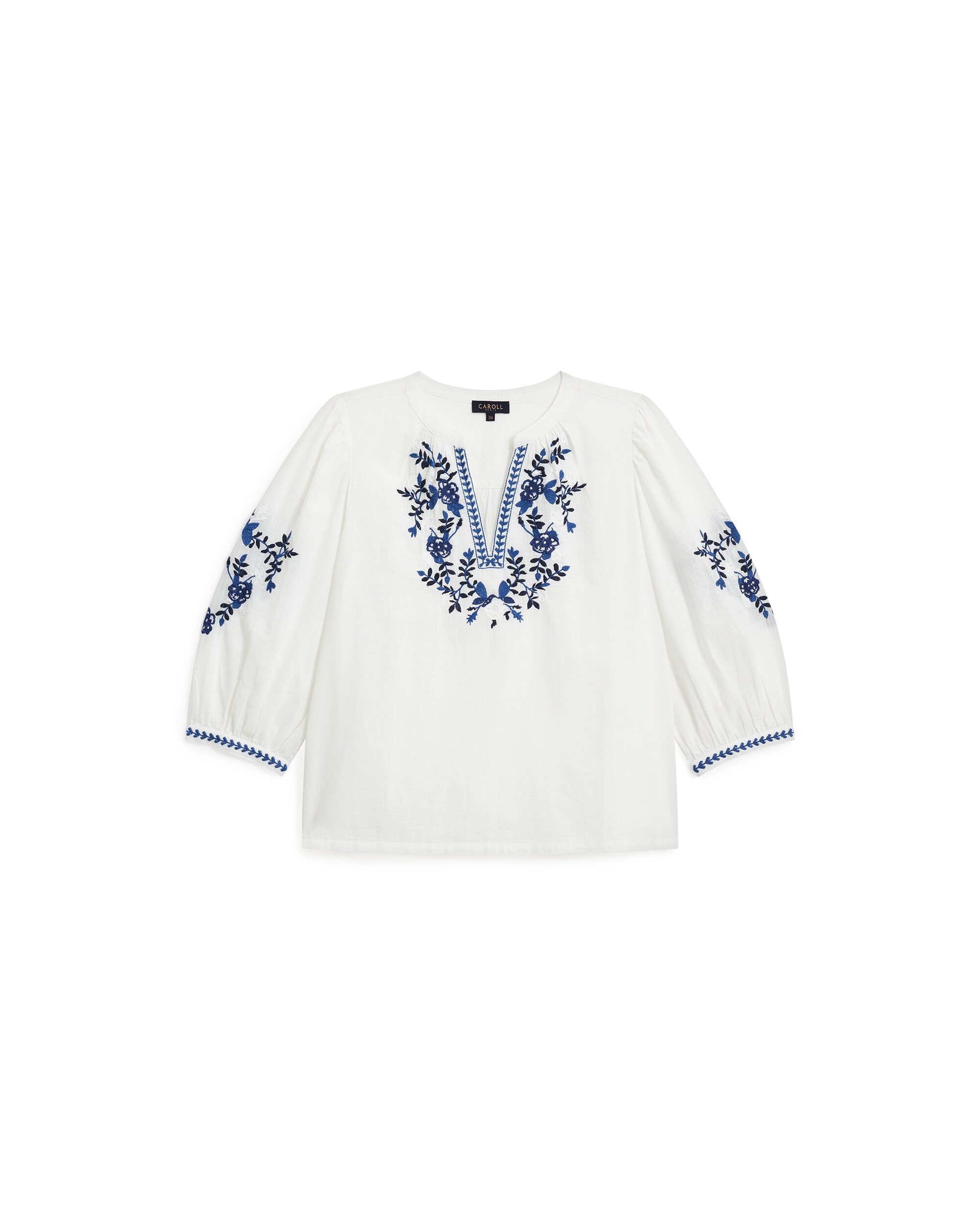 Blusa de mujer con bordados y manga francesa - Caroll - Blanco / Azul Blanco / Azul-4