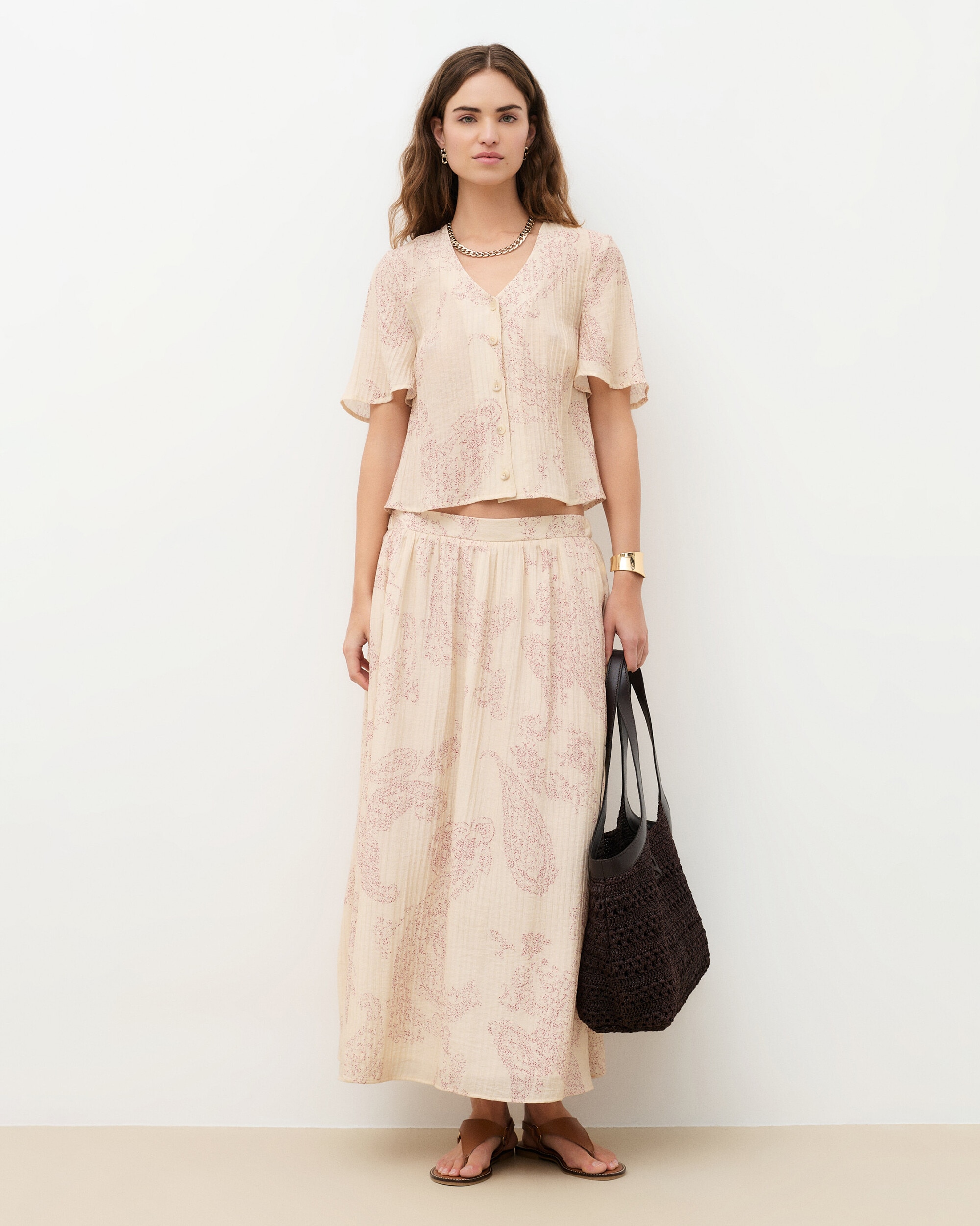 Falda larga con efecto plisado y estampado paisley - Caroll - Crudo Crudo-1
