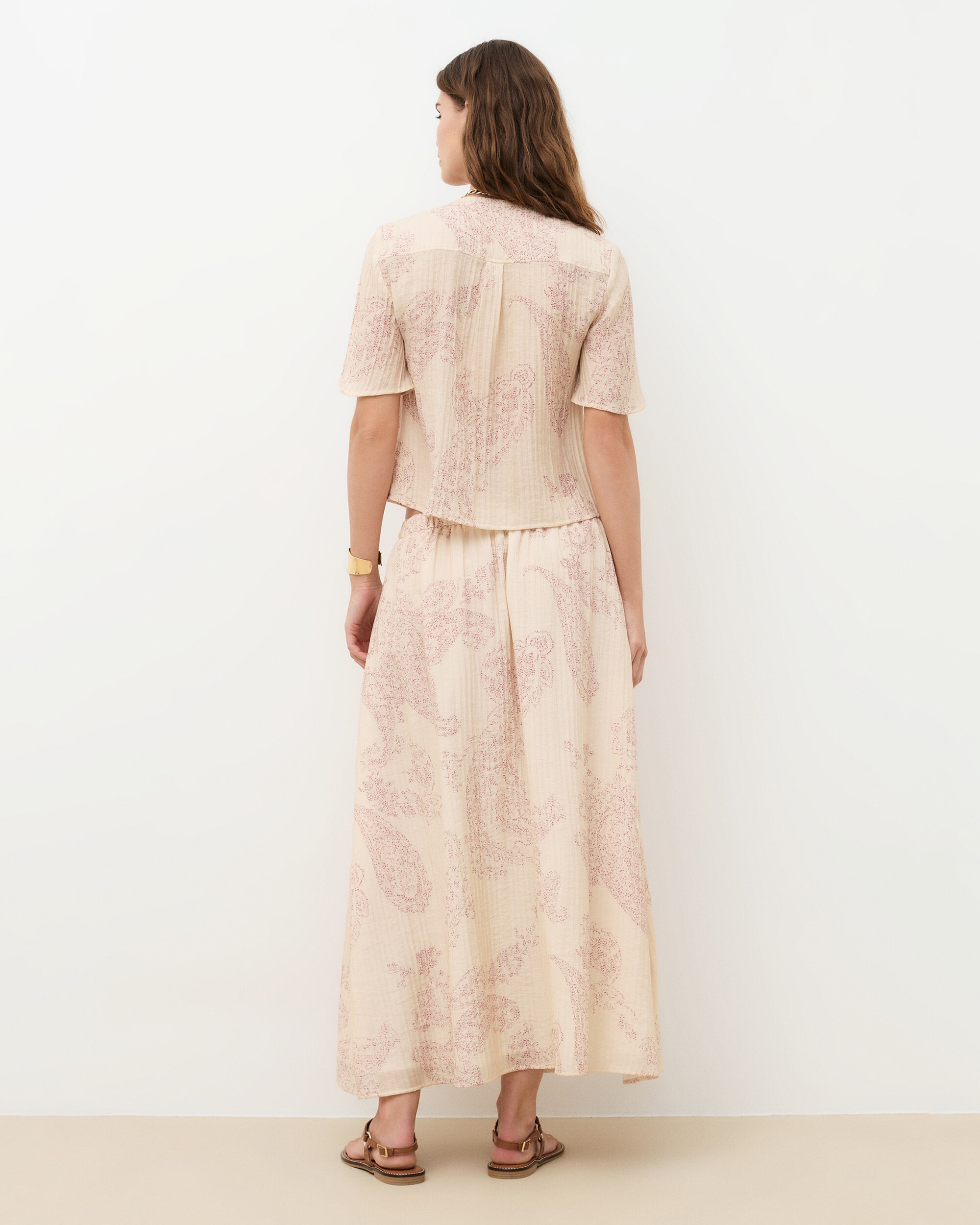 Falda larga con efecto plisado y estampado paisley - Caroll - Crudo Crudo-2