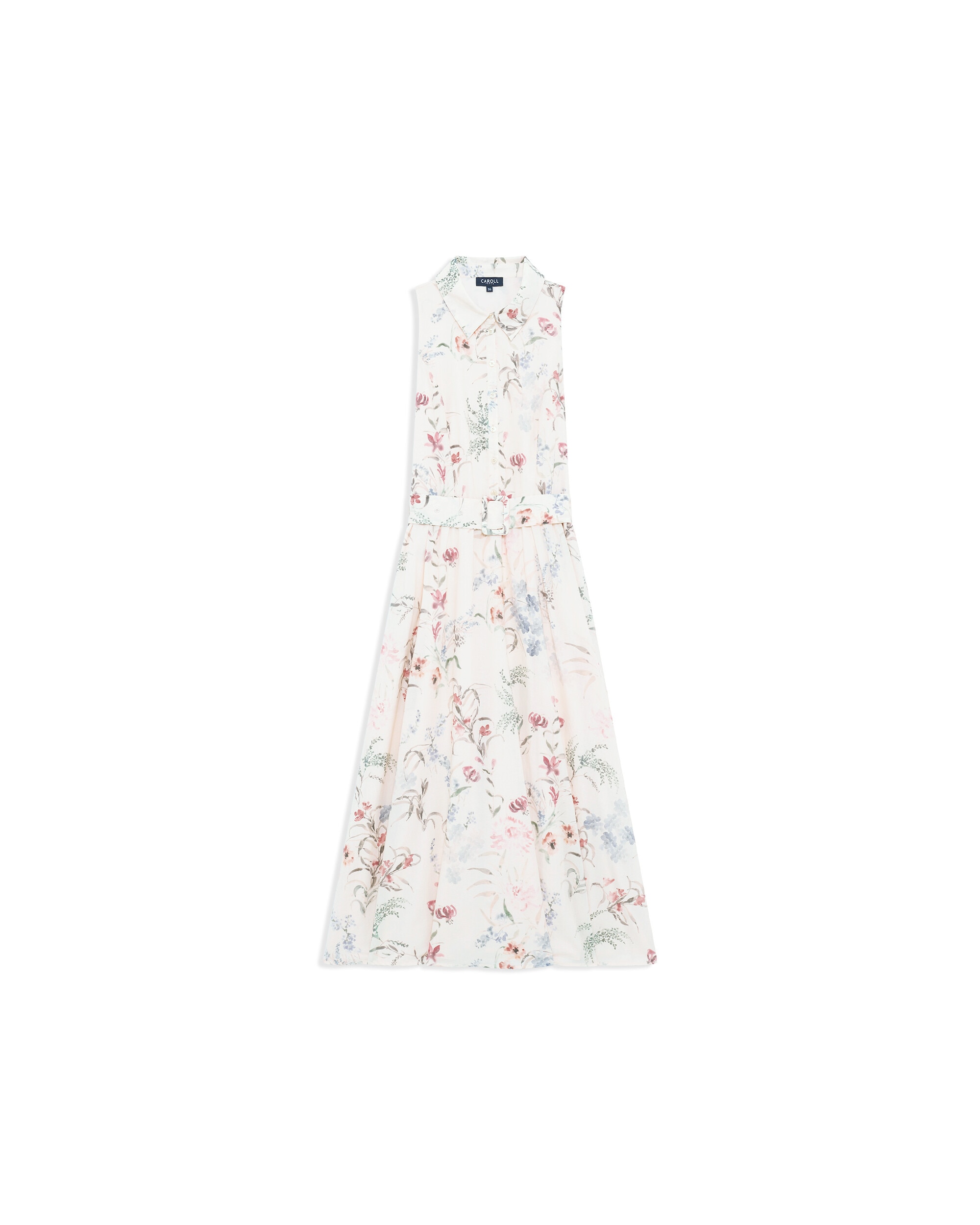 Vestido largo sin mangas con estampado floral y cinturón - Caroll - Crudo Crudo-4