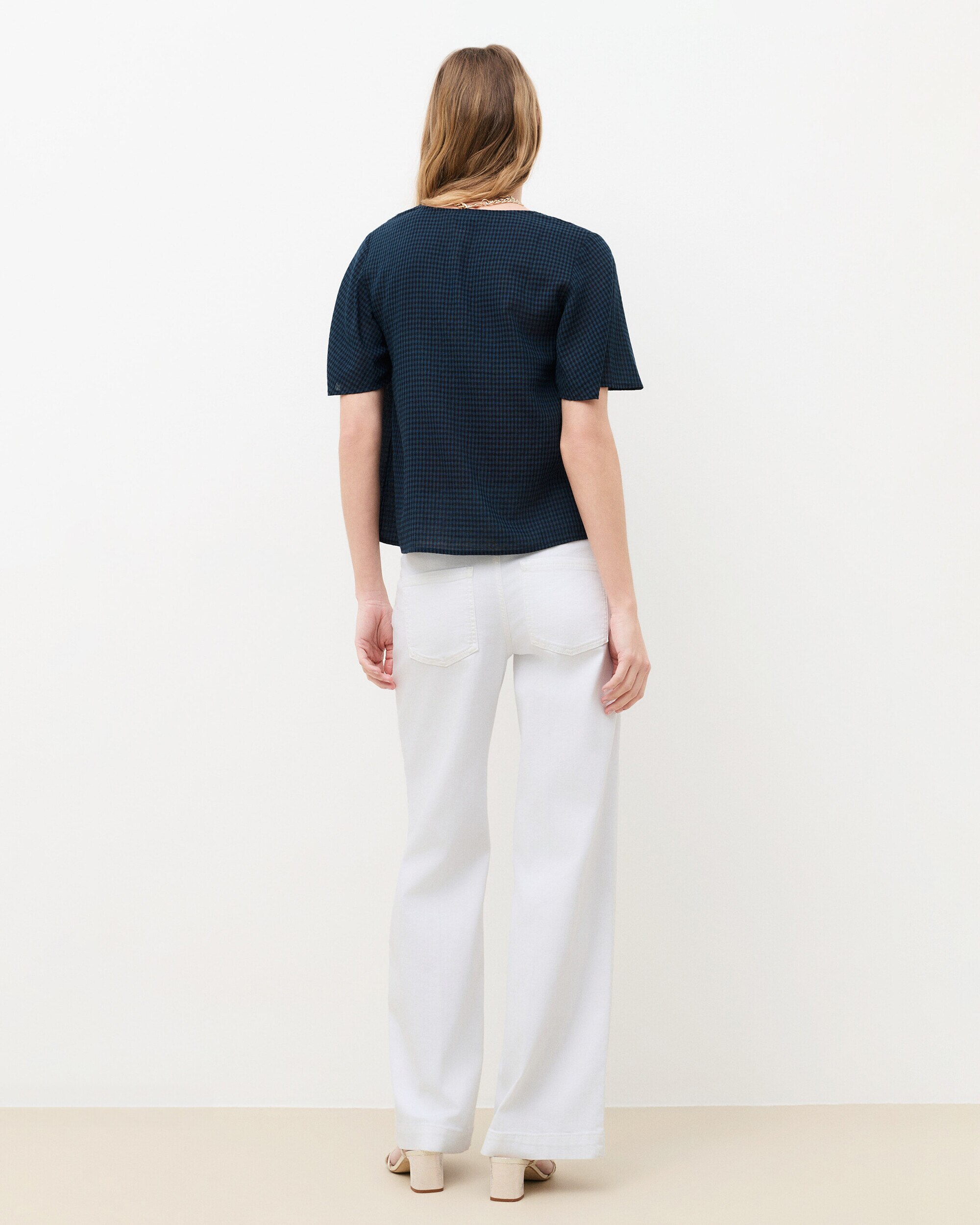 Camiseta de mujer con cuello pico y estampado de cuadros - Caroll - Azul Azul-2