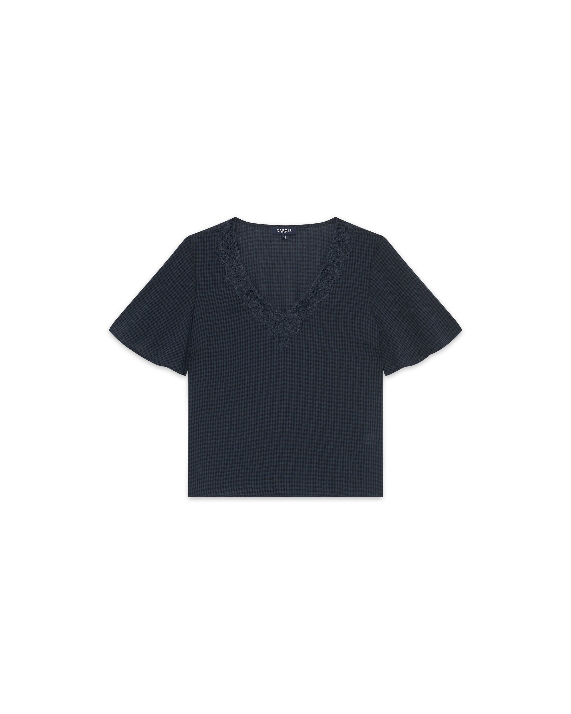 Camiseta de mujer con cuello pico y estampado de cuadros - Caroll - Azul Azul-4