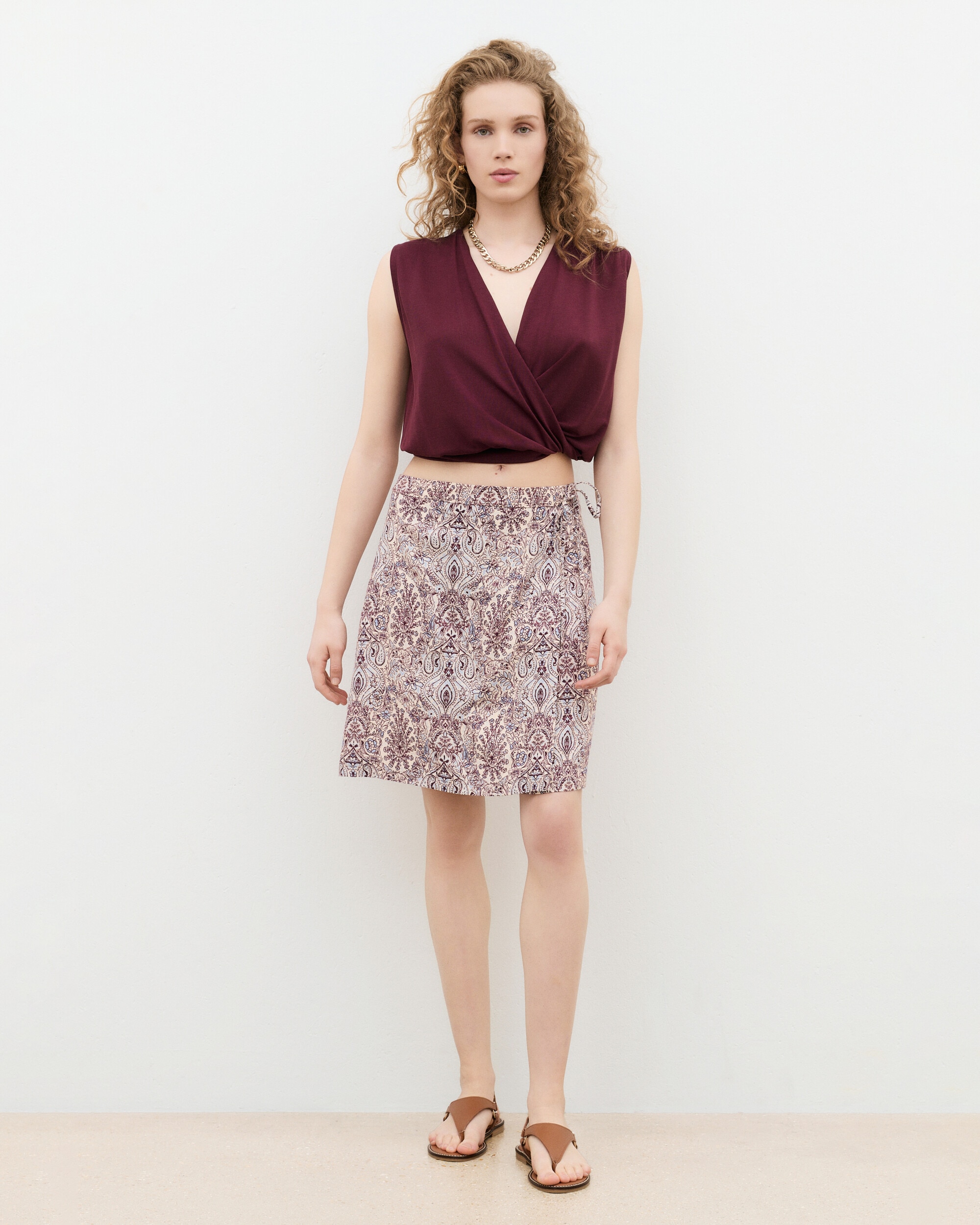 Falda midi en lino estampado paisley - Caroll - Marfil Marfil-1