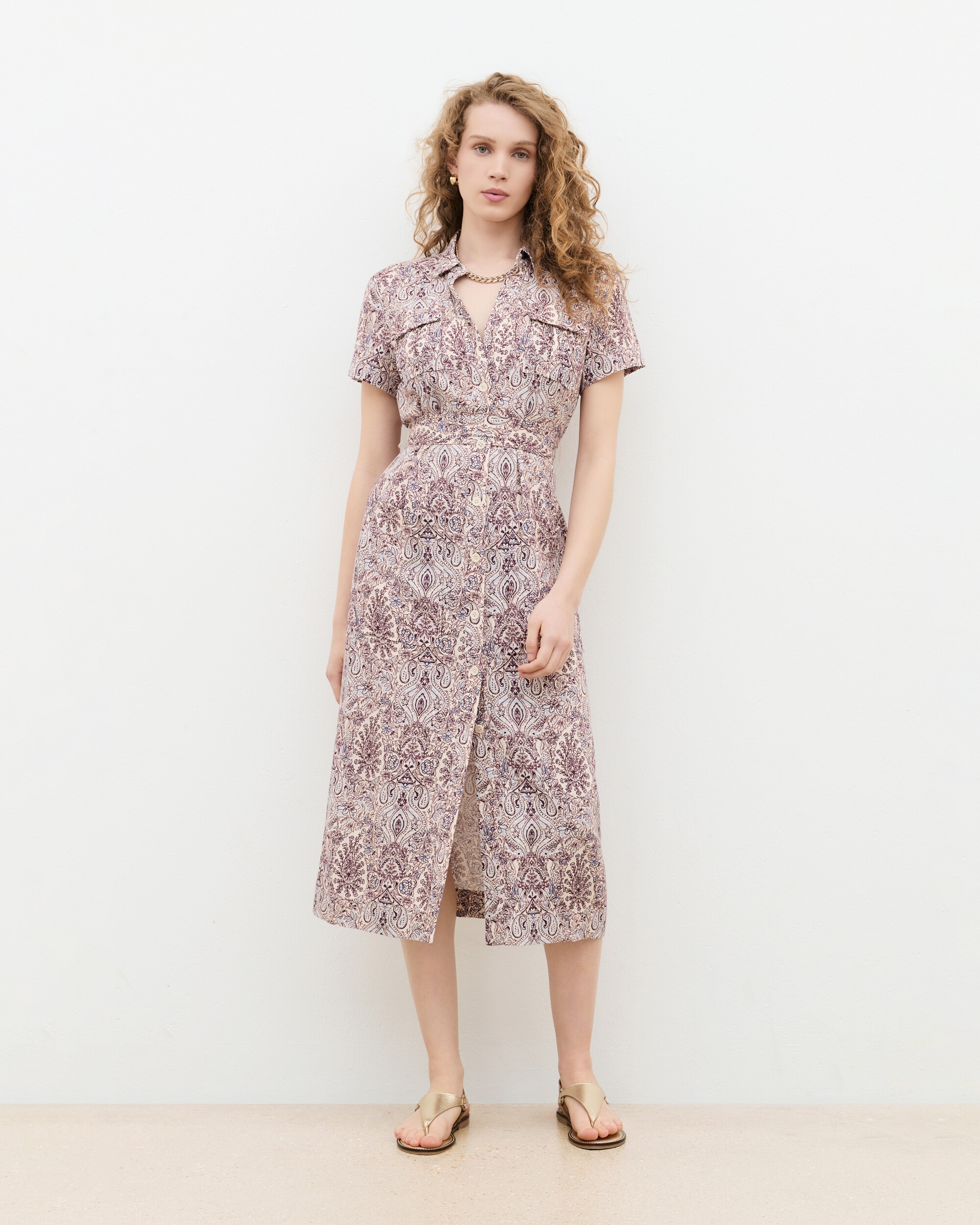 Vestido midi en lino estampado paisley - Caroll - Multicolor Multicolor-1