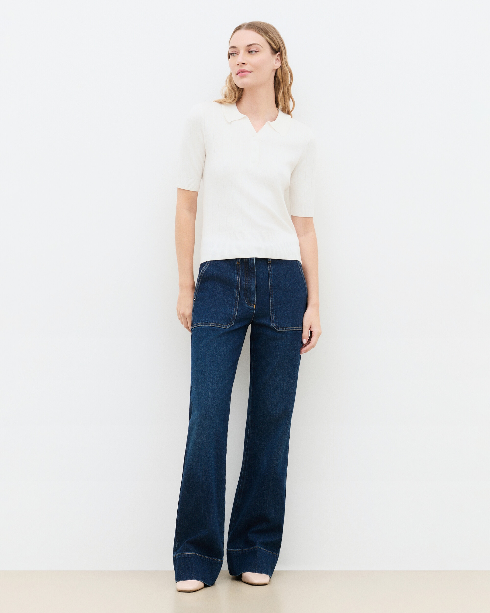 Camiseta de mujer en punto fino con cuello polo - Caroll - Crudo Crudo-1