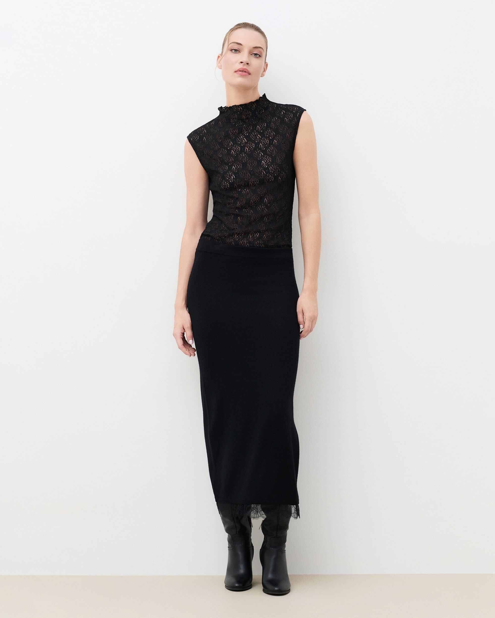 Falda larga con detalle de encaje en lana - Caroll - Negro Negro-1