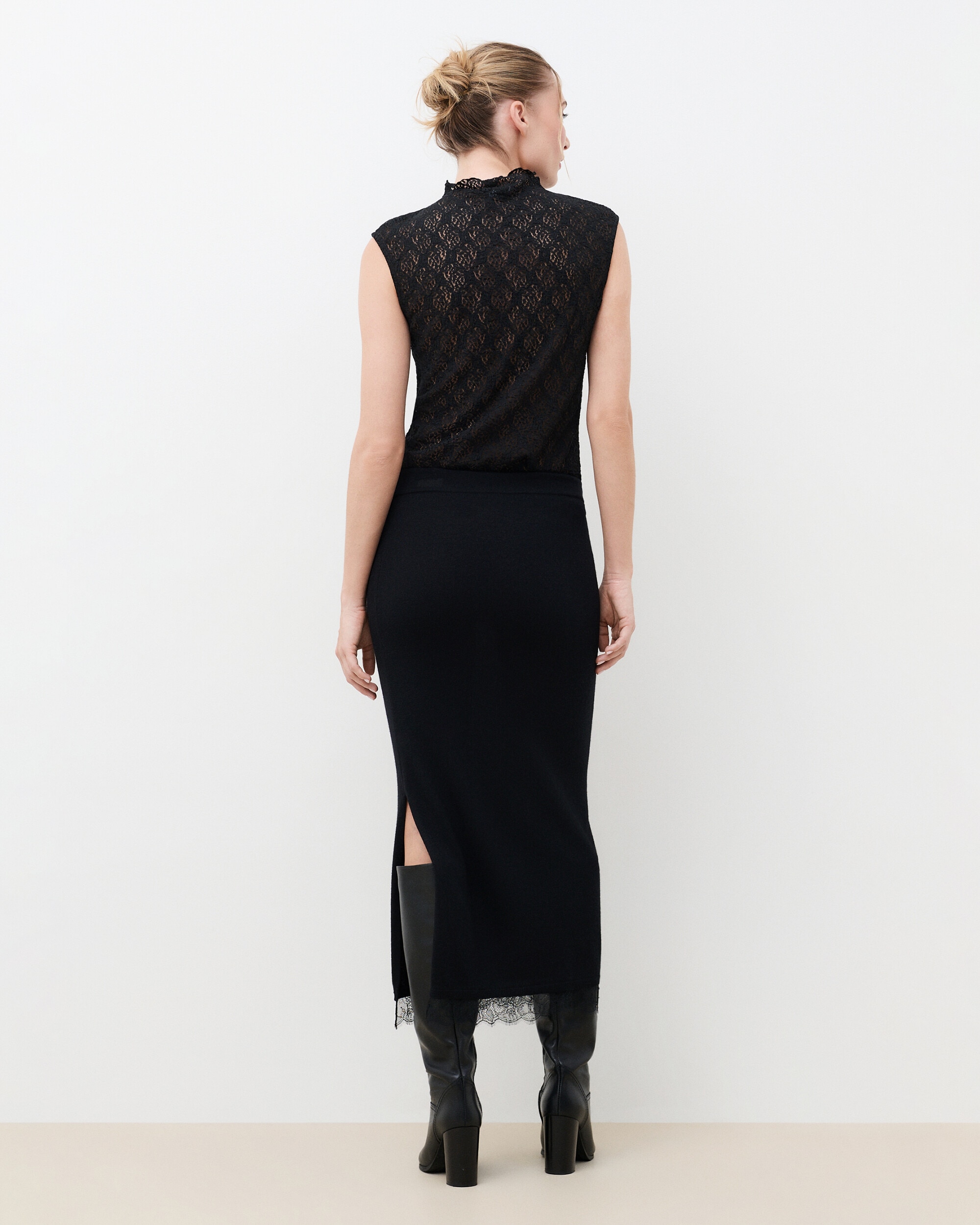 Falda larga con detalle de encaje en lana - Caroll - Negro Negro-2