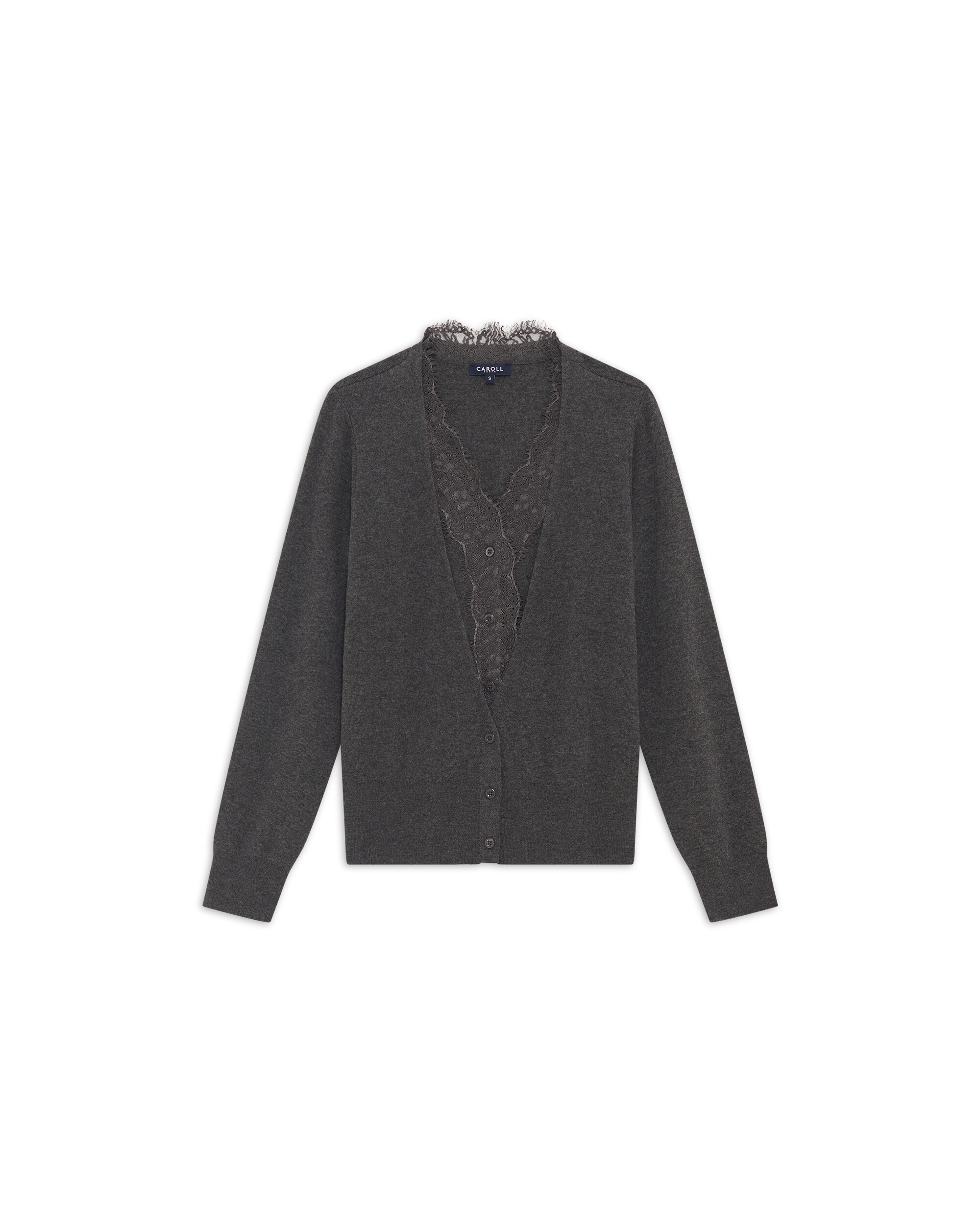 Cárdigan de mujer en lana con detalles de encaje - Caroll - Gris Gris-4