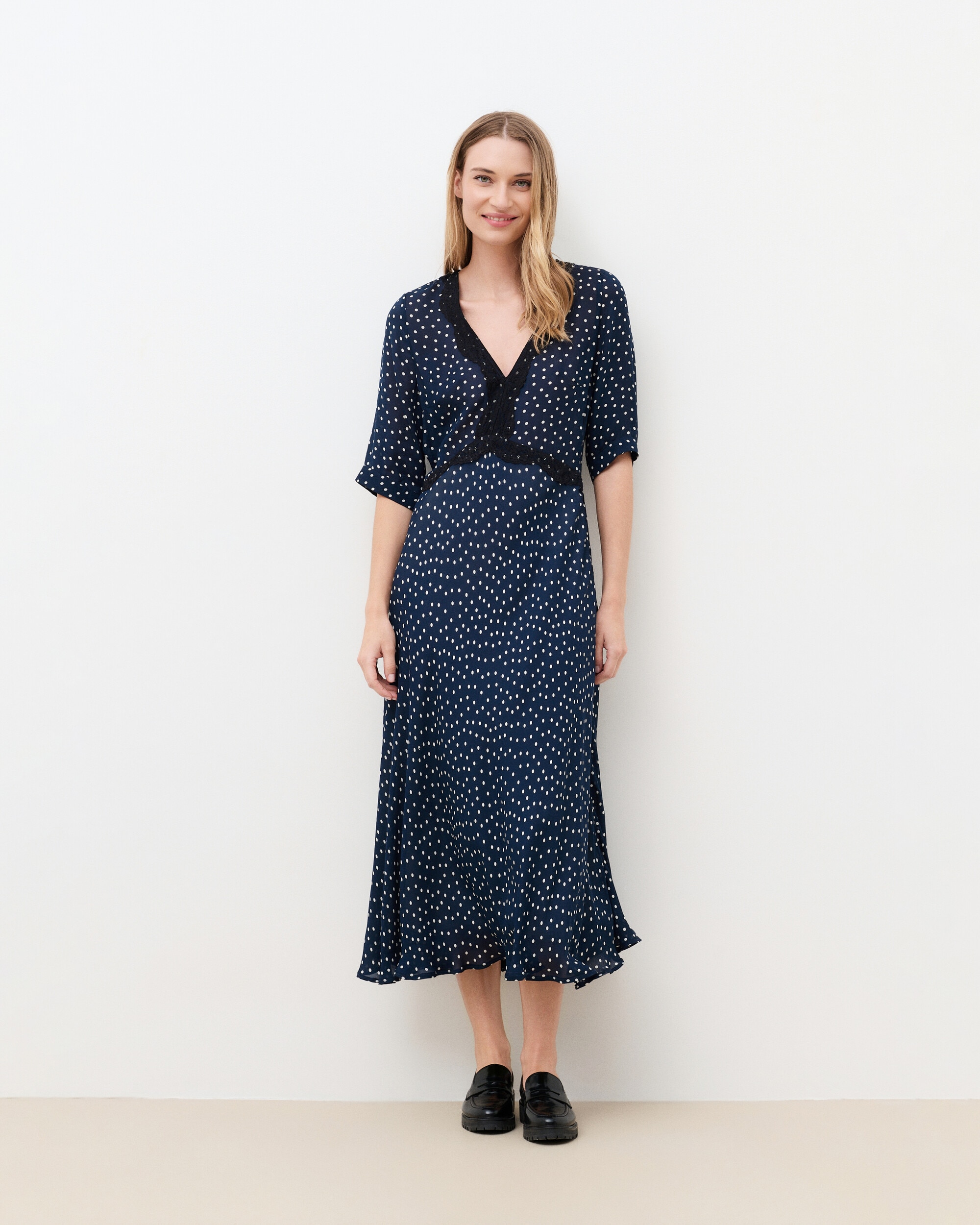 Vestido largo con estampado de lunares - Caroll - Azul marino Azul marino-1