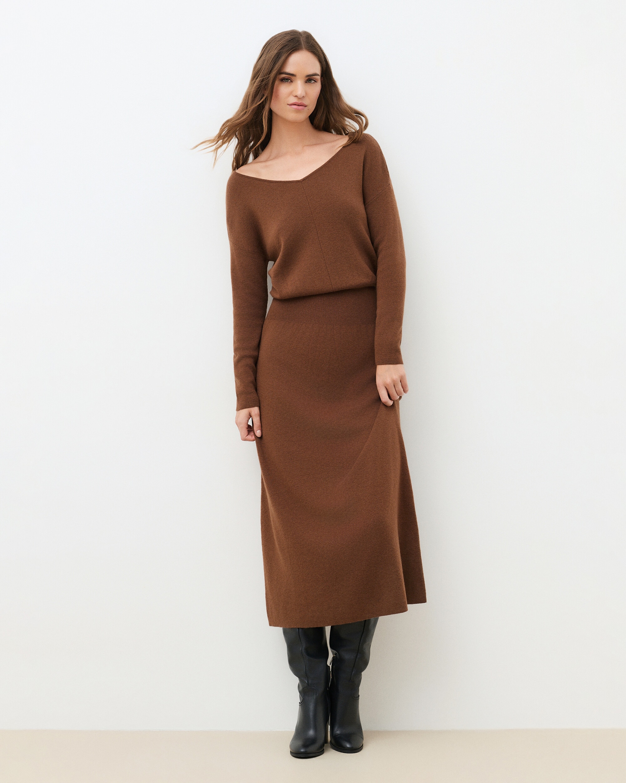 Vestido largo en punto de lana con escote pico - Caroll - Marrón Marrón-1