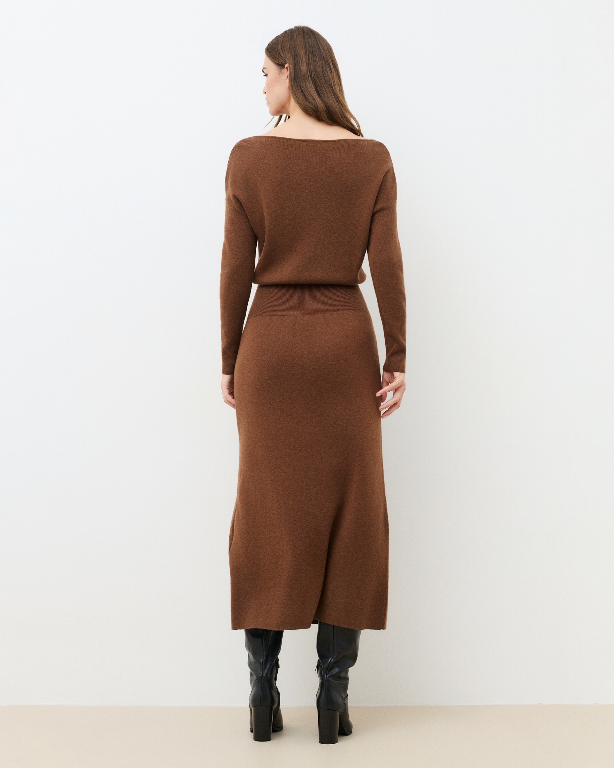 Vestido largo en punto de lana con escote pico - Caroll - Marrón Marrón-2