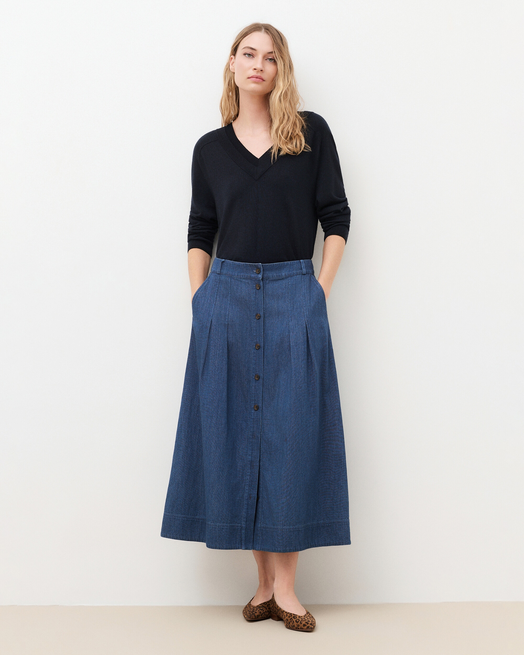 Falda larga en denim con botones - Caroll - Azul denim Azul denim-1